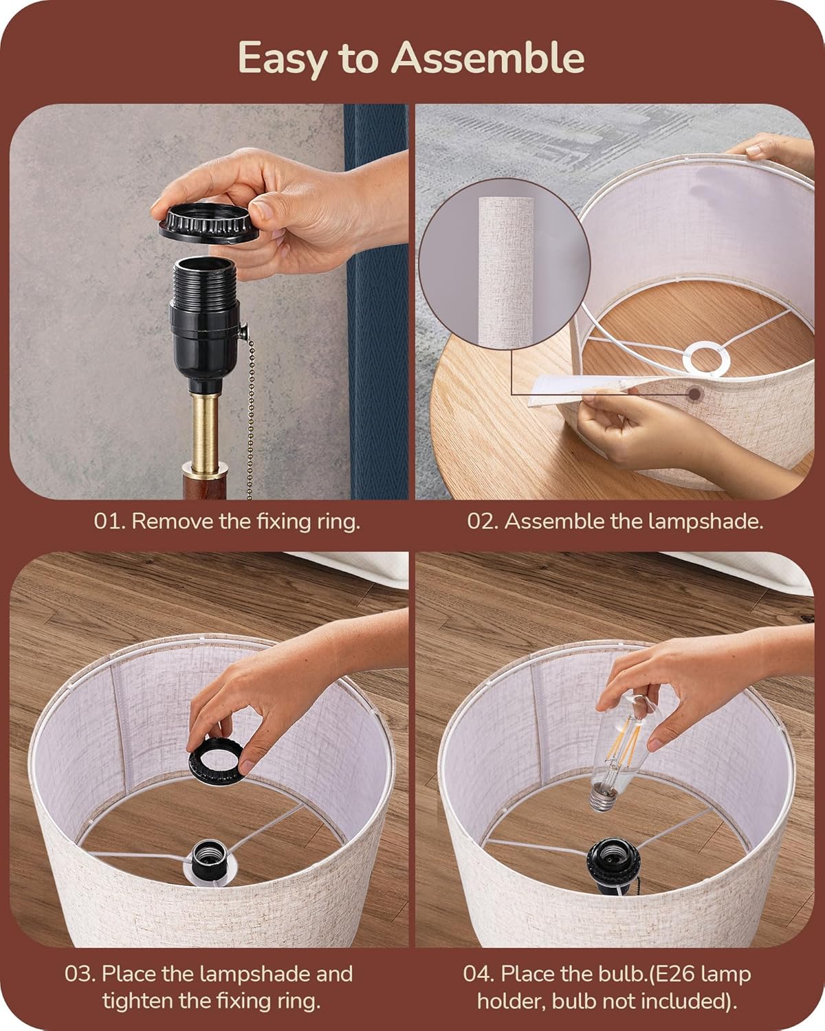 EDISHINE Mid Century Table Lamp, Bedside Lamp with Pull Chain Switch, Solid Wood & Metal Pole, Modern Nightstand Table Lamp for Living Room, Bedroom, Office, Frosted Bronze & Wood Finish