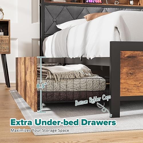 Miniatura 5 de Base de cama matrimonial con 4 cajones, cabecera de estantería de almacenamiento de 2 niveles, plataforma de metal con estación de carga USB, 11