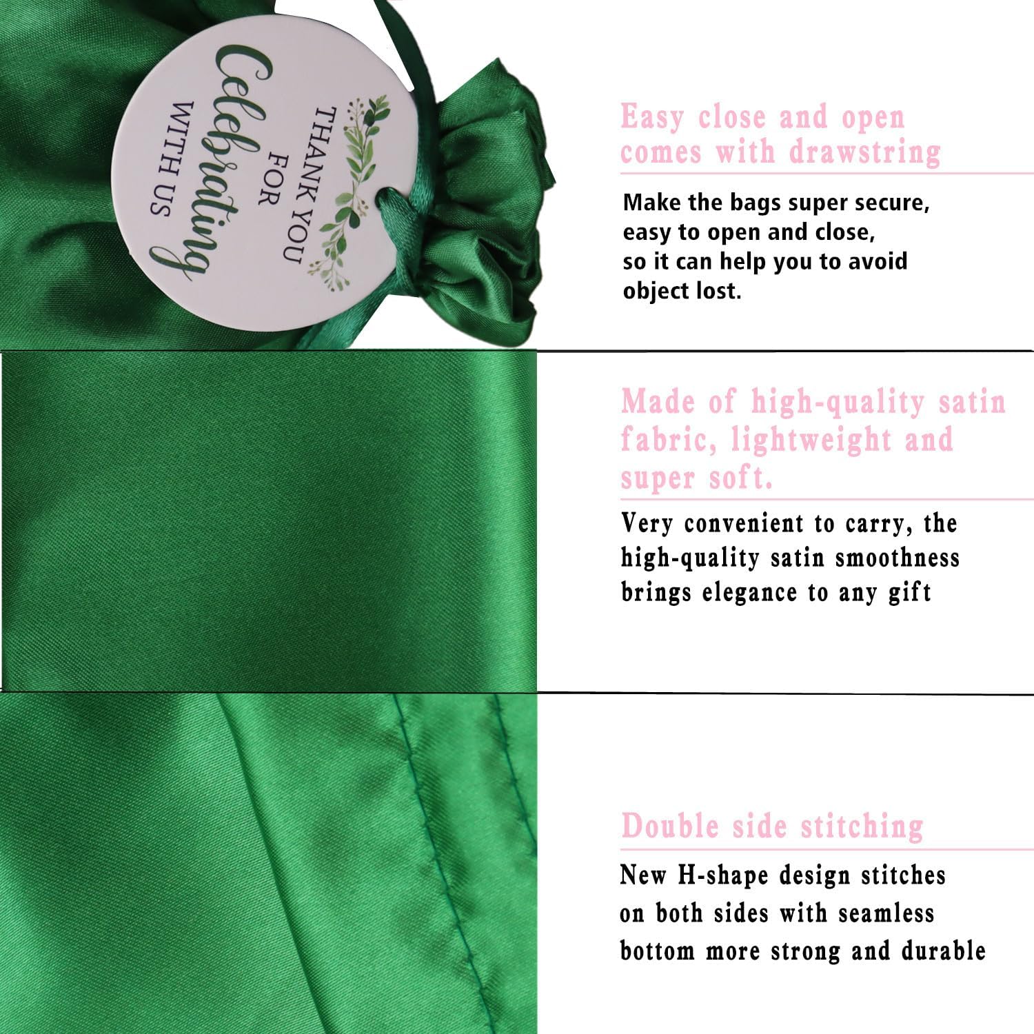 GUIFIER 30 PCS 6" x 9" Satin Gift Bags with Drawstring and Tags, Silk Jewelry Bags, Party Favor Bags, Fabric Gift Wrap Bags for Baby Shower, Bridal Shower, Christmas, Birthday, Wedding (Green) - Image 3
