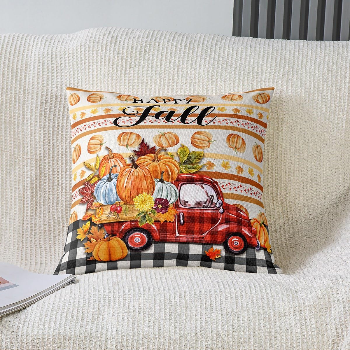 Federa Decorativa Ramirar 45x45 Cm Con Zucche Arancioni E Scritta 'Hello Pumpkin', Stile Acquerello, Cotone E Lino, Autunno
