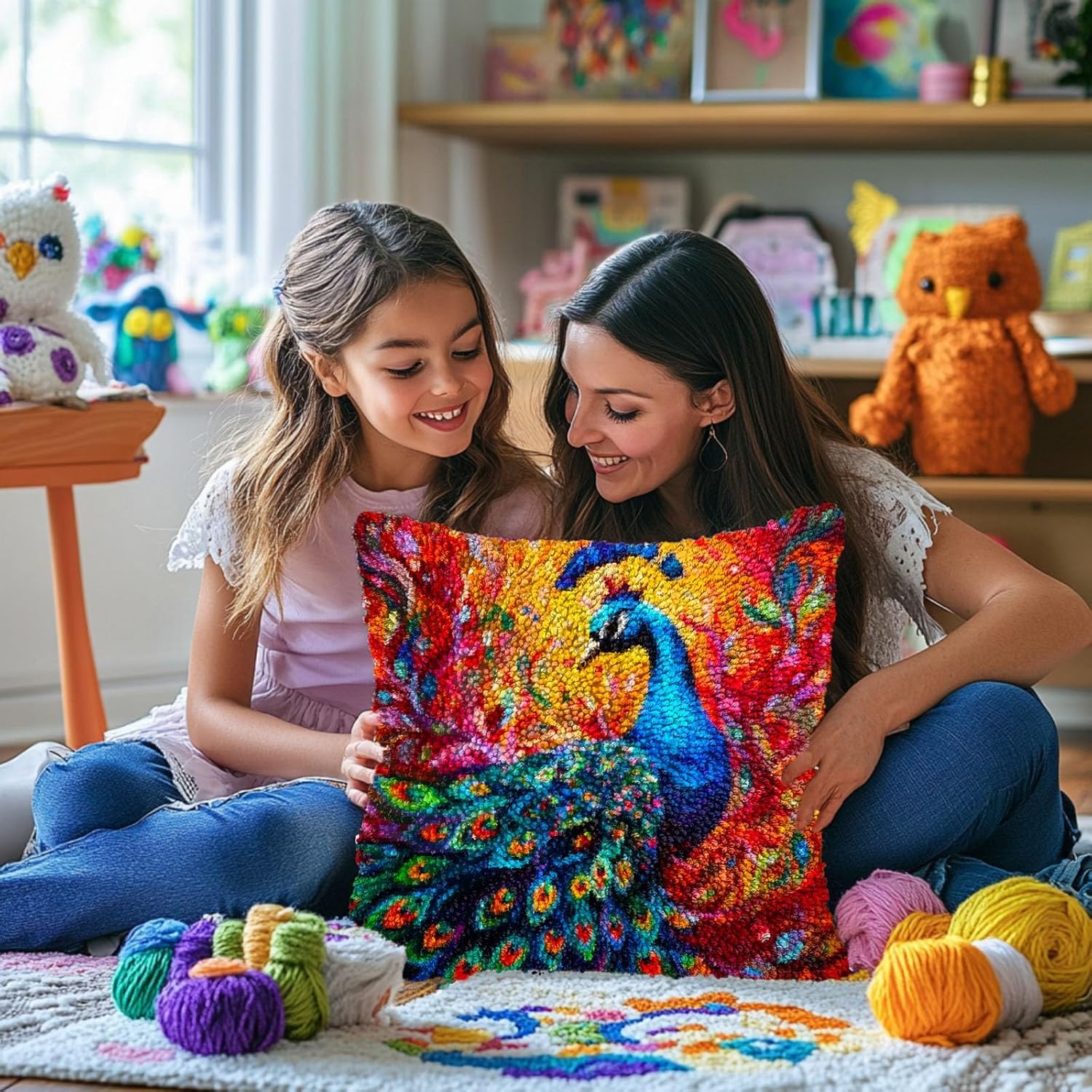 ,F, Kit per tappeti con gancio a scatto per adulti - Kit completo di ganci per tappeti grandi con tela di cotone e filato pretagliato - Set facile per principianti - Kit fai da te per la creazione di