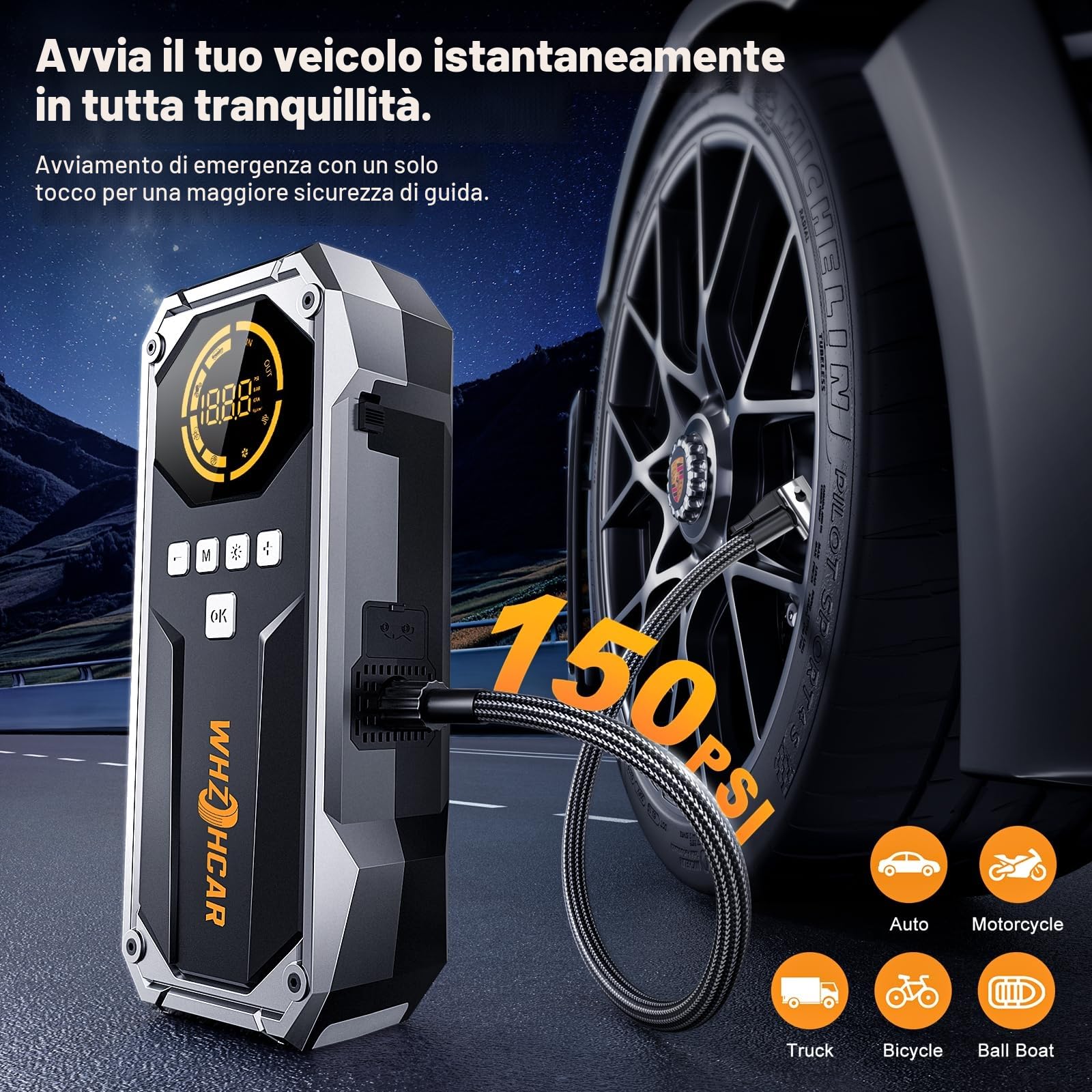 Avviatore Emergenza per Auto 150PSI Compressore 8000A Booster Avviamento Auto 12V Booster Avviamento Moto Con LCD Jump Starter Cavi Di Ponticello Estesi Carica Rapida Torcia a LED Avviatore Booster