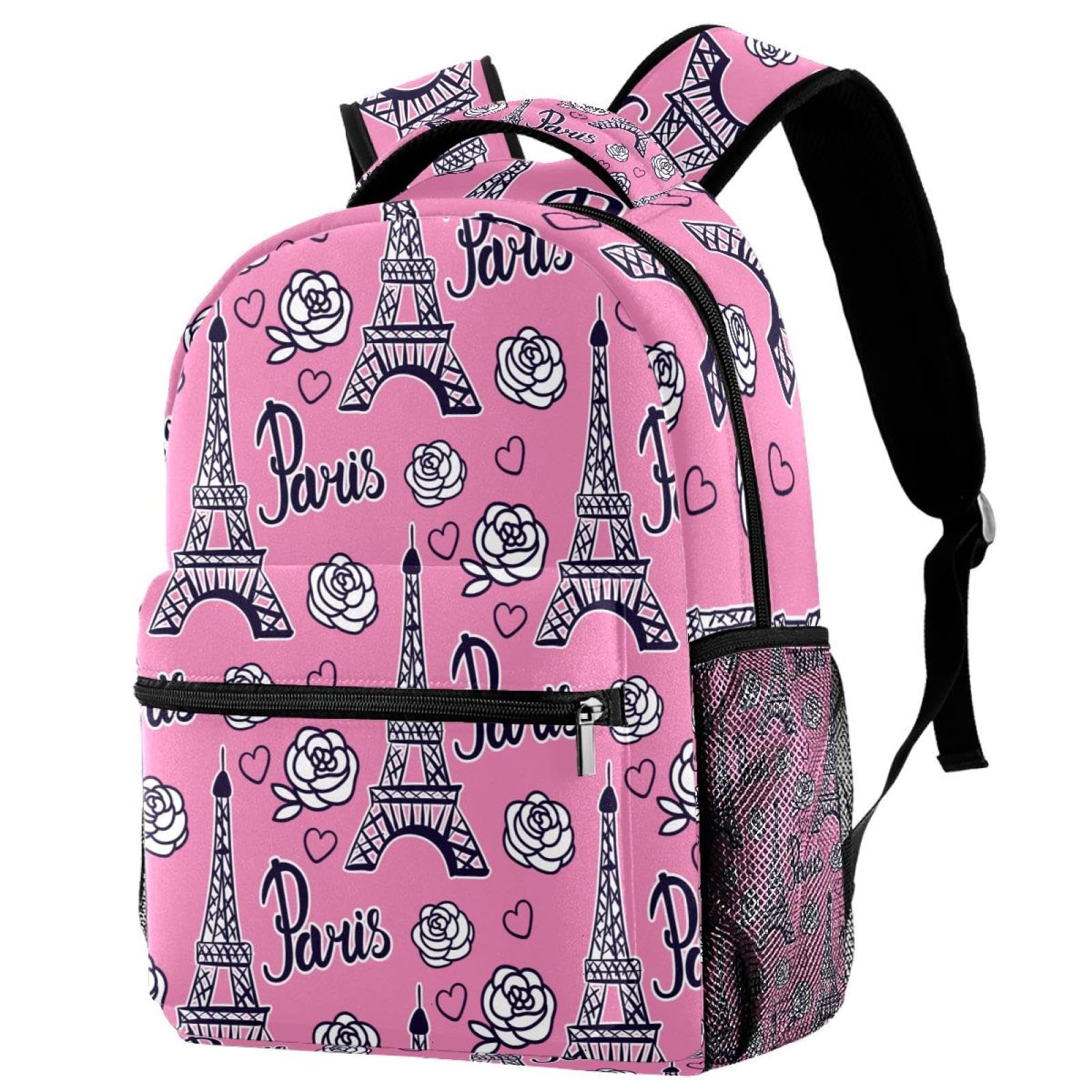 Mochila para adolescentes con espalda acolchada y Torre Eiffel rosa 7