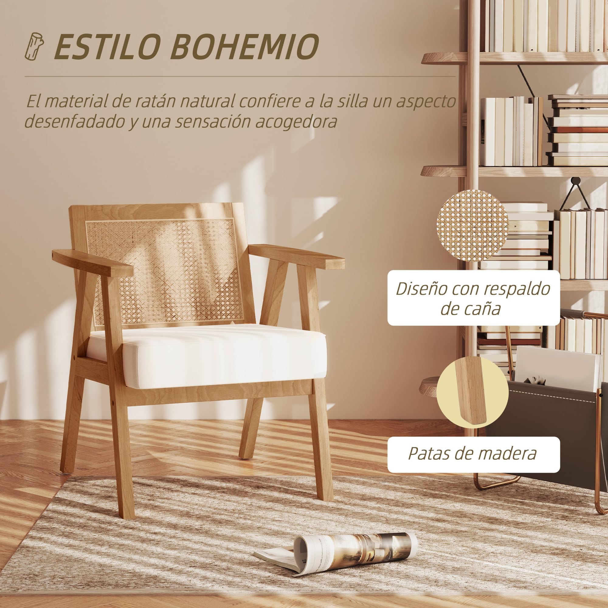 HOMCOM Butaca de Salón con Reposabrazos Sillón con Respaldo de Ratán y Marco de Madera de Caucho Butaca para Dormitorio Salón Carga 120 kg Natural y Beige