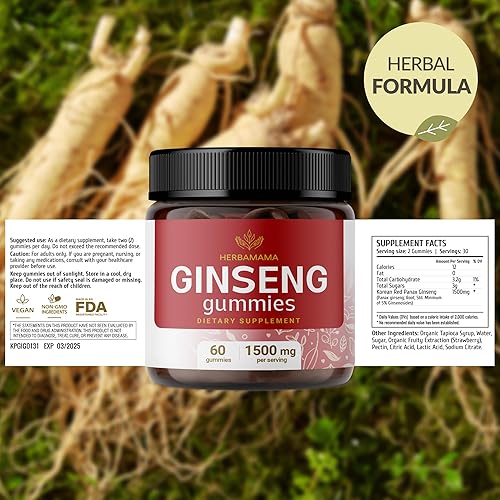 Miniatura 7 de HERBAMAMA Gomitas de ginseng rojo coreano  1500 mg de suplementos energéticos de raíz de ginseng rojo Panax  Suplemento de ginseng para hombres y