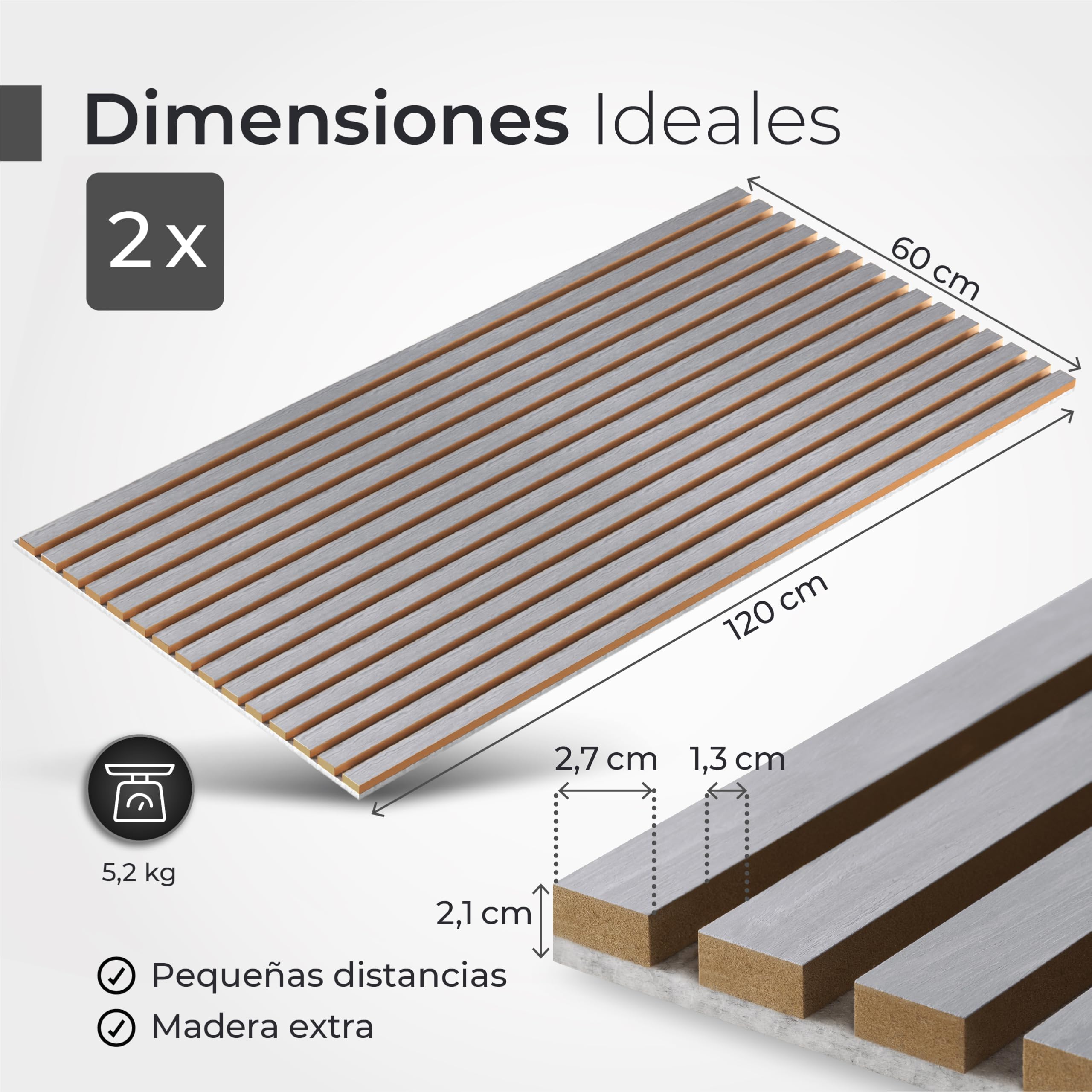 Paneles acústicos de madera, 2 piezas de 120 x 60 cm (= 1,44 m²) - Fieltro acústico (gris) y chapa de madera auténtica (peral) - Revestimiento de pared 3D, aislamiento acústico