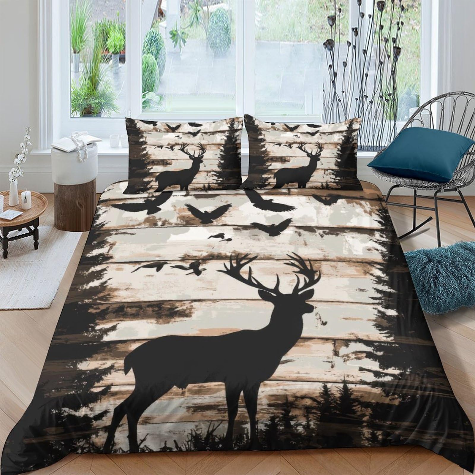 Ctjqhvkz Style-4 3D Printed Forest Deer Fitted Sheet Microfiber Soft Brown Woodland Birds Mattress Cover Bedroom Decor Single（135X200cm）