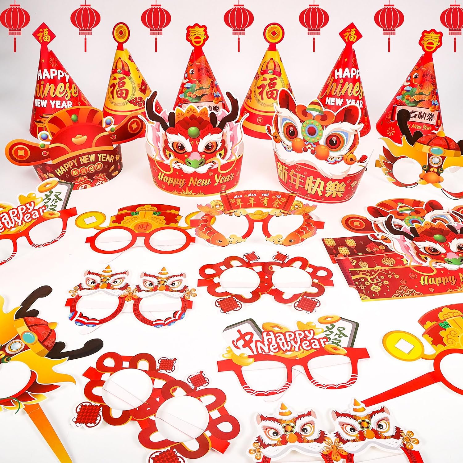 HOWAF 24pcs Chinese New Year Cone Hats Crown Hats Paper Eyeglasses, Year of The Horse 2026 Party Top Hat Spring Festival Headband 2026 Year Photo Booth Props Kit for Happy New Year Supplies