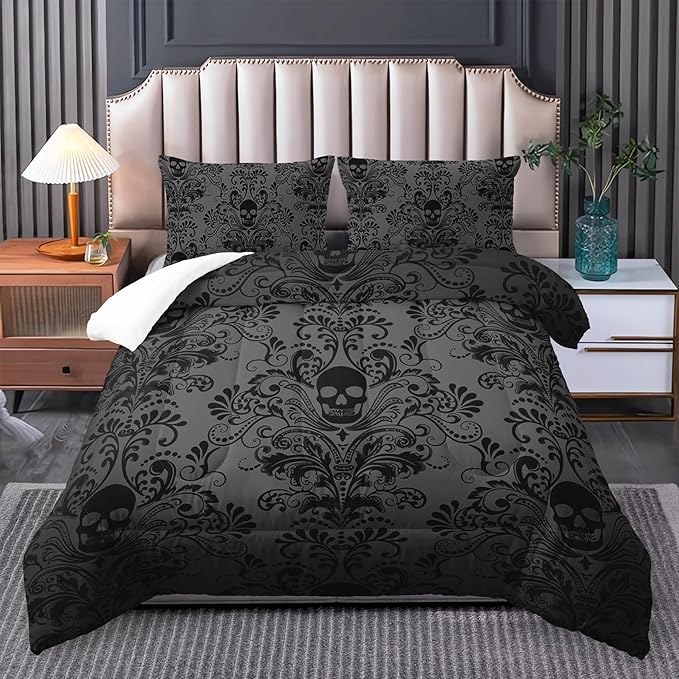 Skull Bedding Set Queen Size,Goth Bedding Sets Queen with Comforter,Skull Comforter Set,Bohemian Bedding Queen Comforter Set,Gothic Bedding Decor Queen Comforter Set Western Boho Hippie