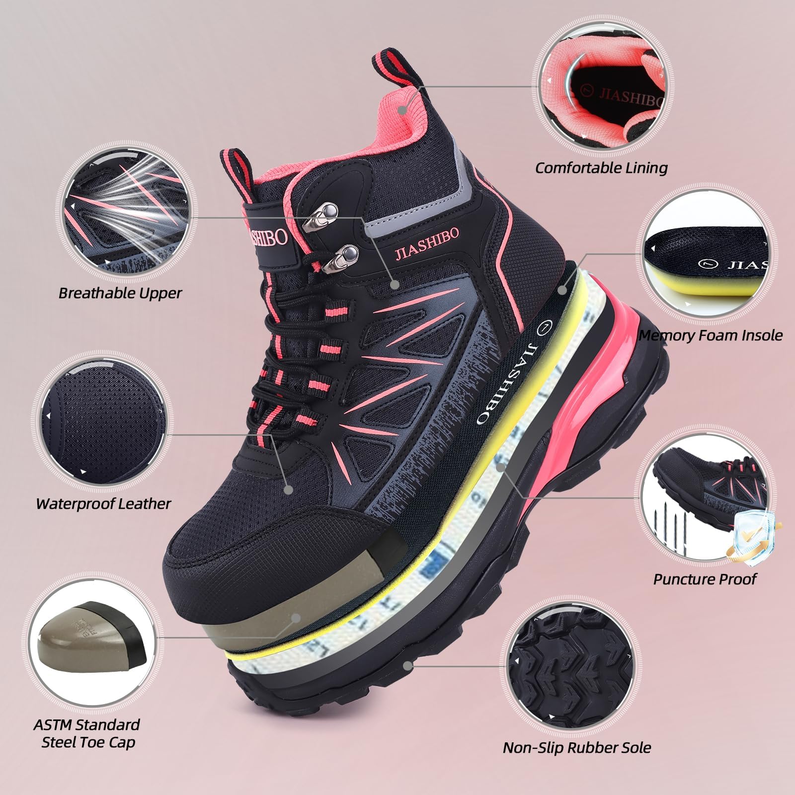 Scarpe antinfortunistiche da donna – Scarpe da lavoro con punta in acciaio, impermeabili, antiscivolo, antiperforazione, traspiranti, high-top di sicurezza per artigianato industriale