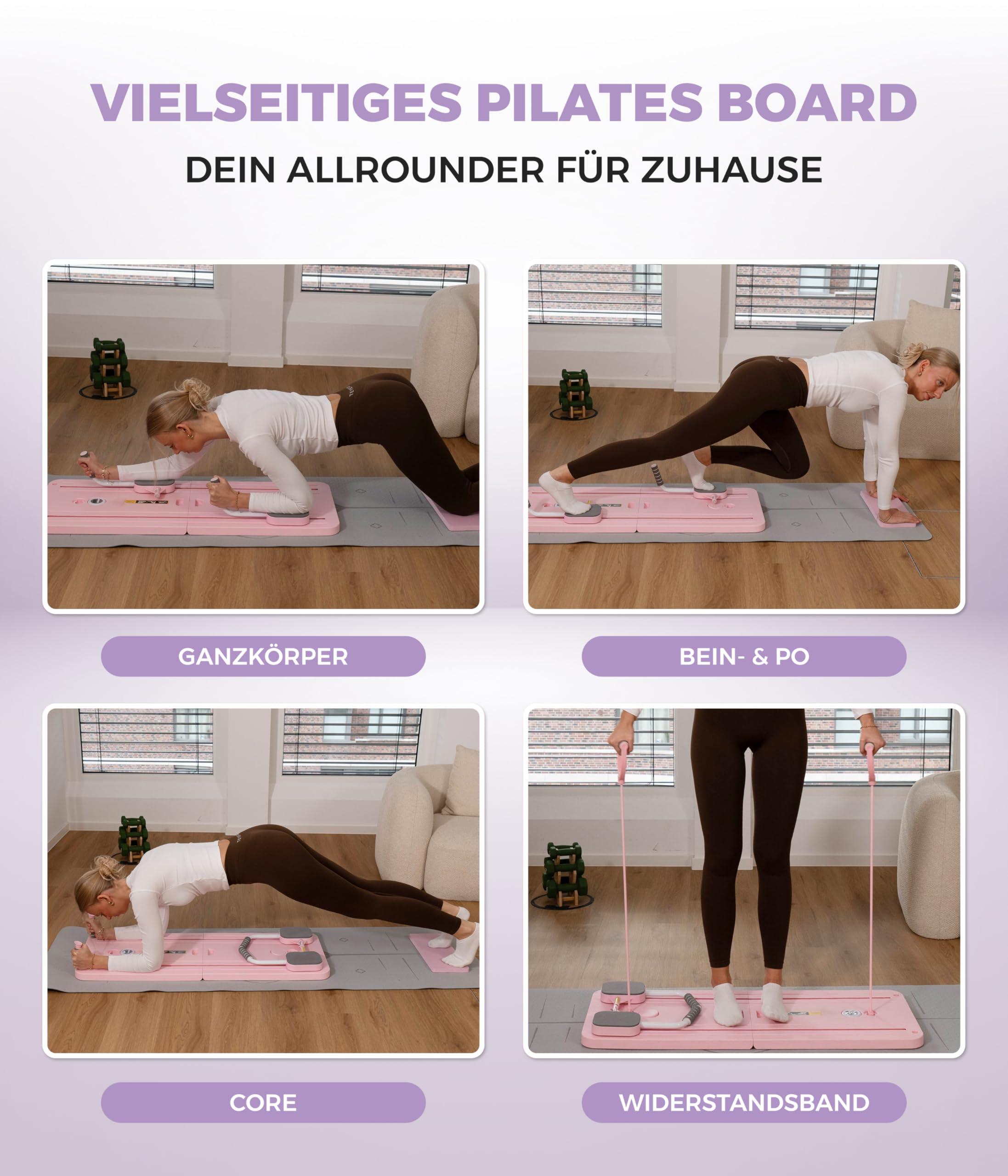 Yunik® Pilates Board | Faltbar & Kompakt | Ganzkörper Set mit Trainingsbändern Home Workout Pilates Reformer für Zuhause Trainer klappbar für Schulter Bauch Arme