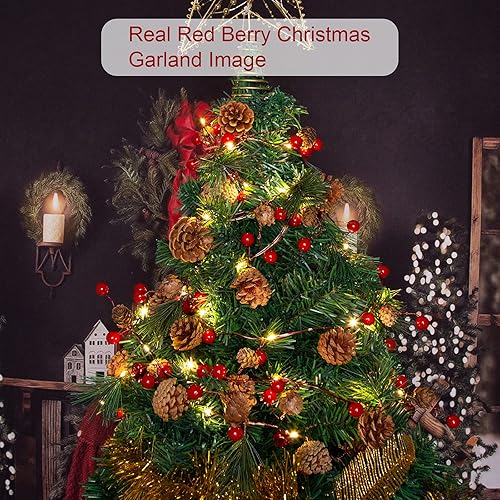 Miniatura 5 de Paquete de 2 guirnaldas artificiales de Navidad con luces, funciona con pilas, guirnalda preiluminada de 6.56 pies con 20 luces LED, bayas rojas