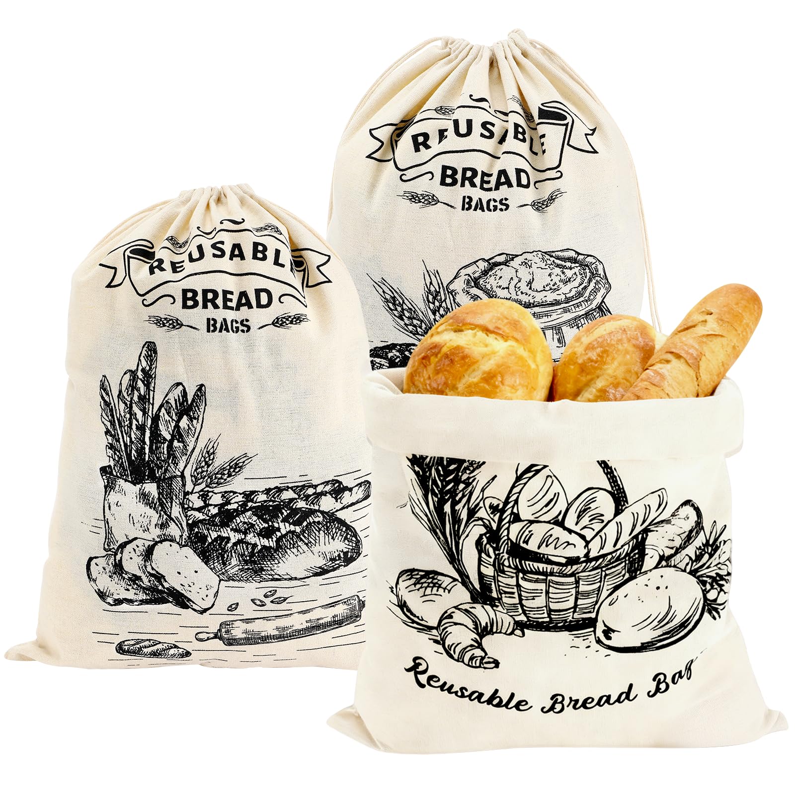 Vordpe 3 sacchetti per pane in lino, con coulisse, riutilizzabili, per pane, baguette, frutta, verdura (30 x 40 cm
