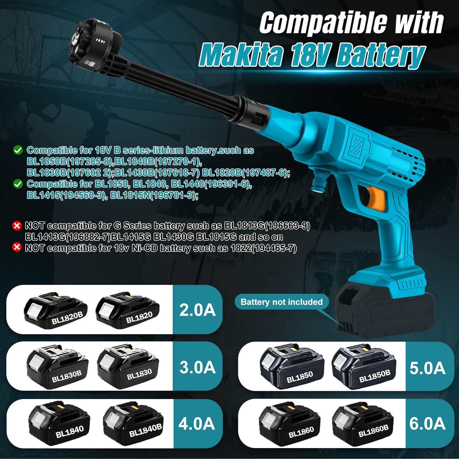 Nettoyeur Haute Pression sur Batterie Compatible avec Makita 18 V, Laveuse électrique sans Fil Machine à Laver Haute, Pistolet de Nettoyage Portable avec Tuyau