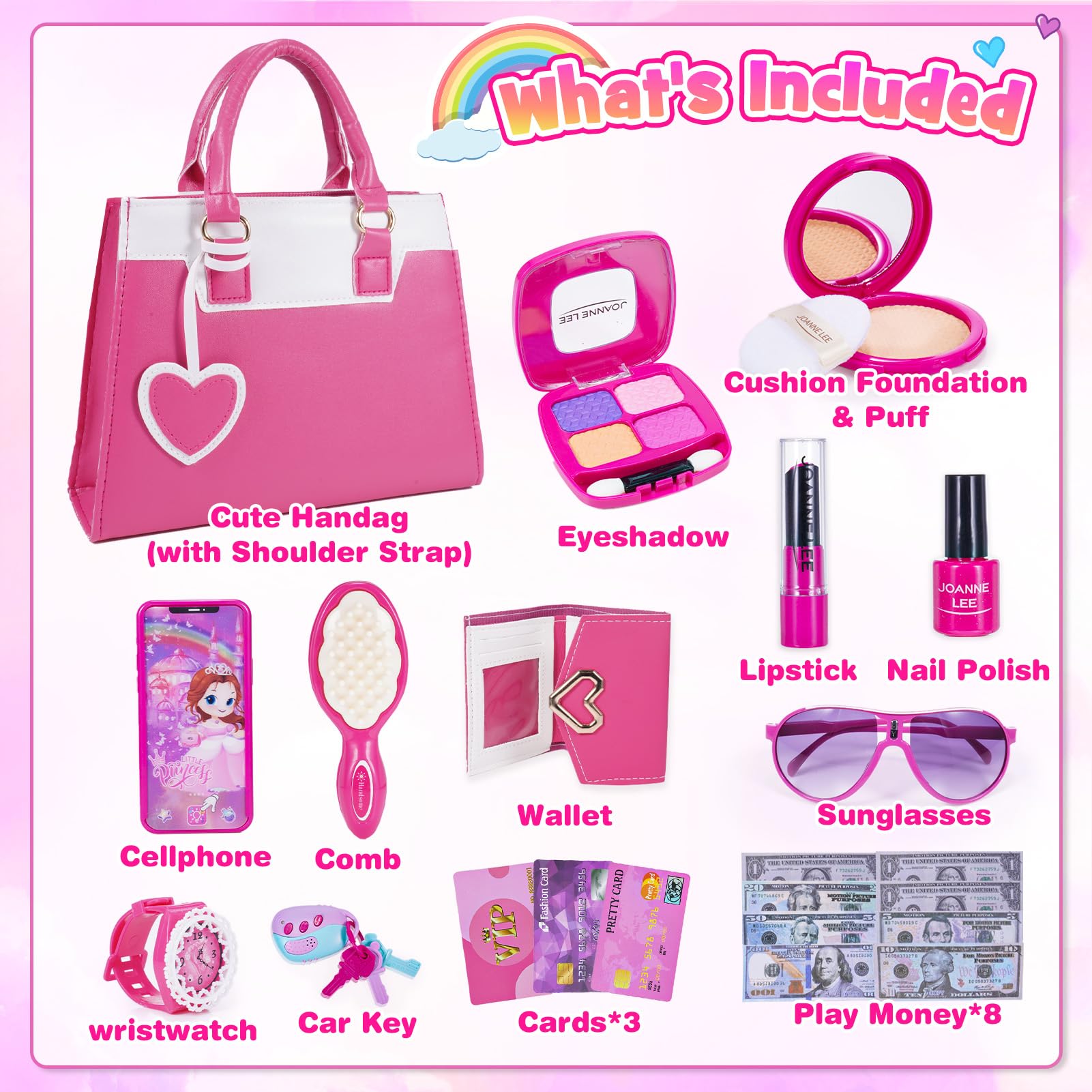 Spielzeug Ab 3 Jahre Mädchen Geschenk 3-12 Jahre, Pretend Play Kinderschminke Set Enthalten Handtasche, Wallet, Vorgeben Spielen Phone, Car Keyfob Schlüssel und Mehr