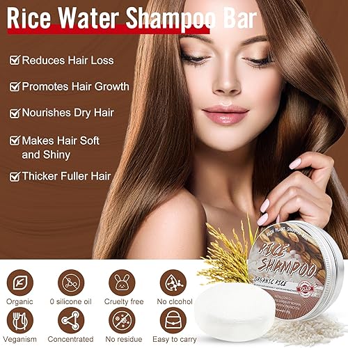 Miniatura 2 de Barra de champú para oscurecer y acondicionador de agua de arroz, barra de jabón para el crecimiento del cabello con agua de arroz para adelgazar el