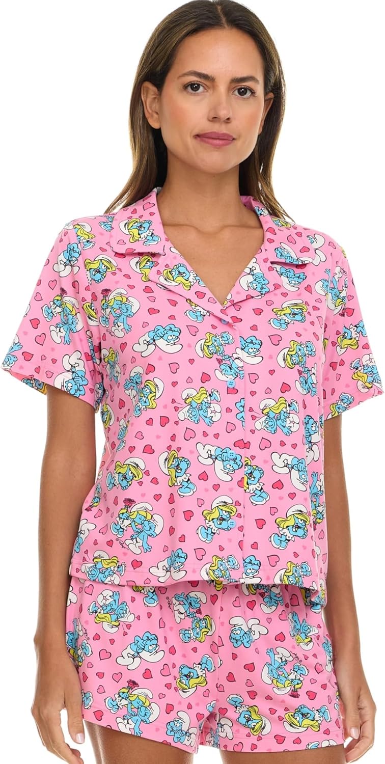 COCO BRANDS The Smurfs Women’s Pajama Set, Soft Stretchy Pajama Shorts & Short Sleeve, Notch Collar, Button Down Top