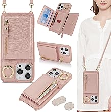 ELTEKER Mobile Phone Case for iPhone 16 Pro, Case with Strap, Card Slot, Mobile Phone Chain Ring Holder, Wallet, Leather Flip Case, Shoulder Bag, Mobile Phone Case for iPhone 16 Pro - Rose Gold