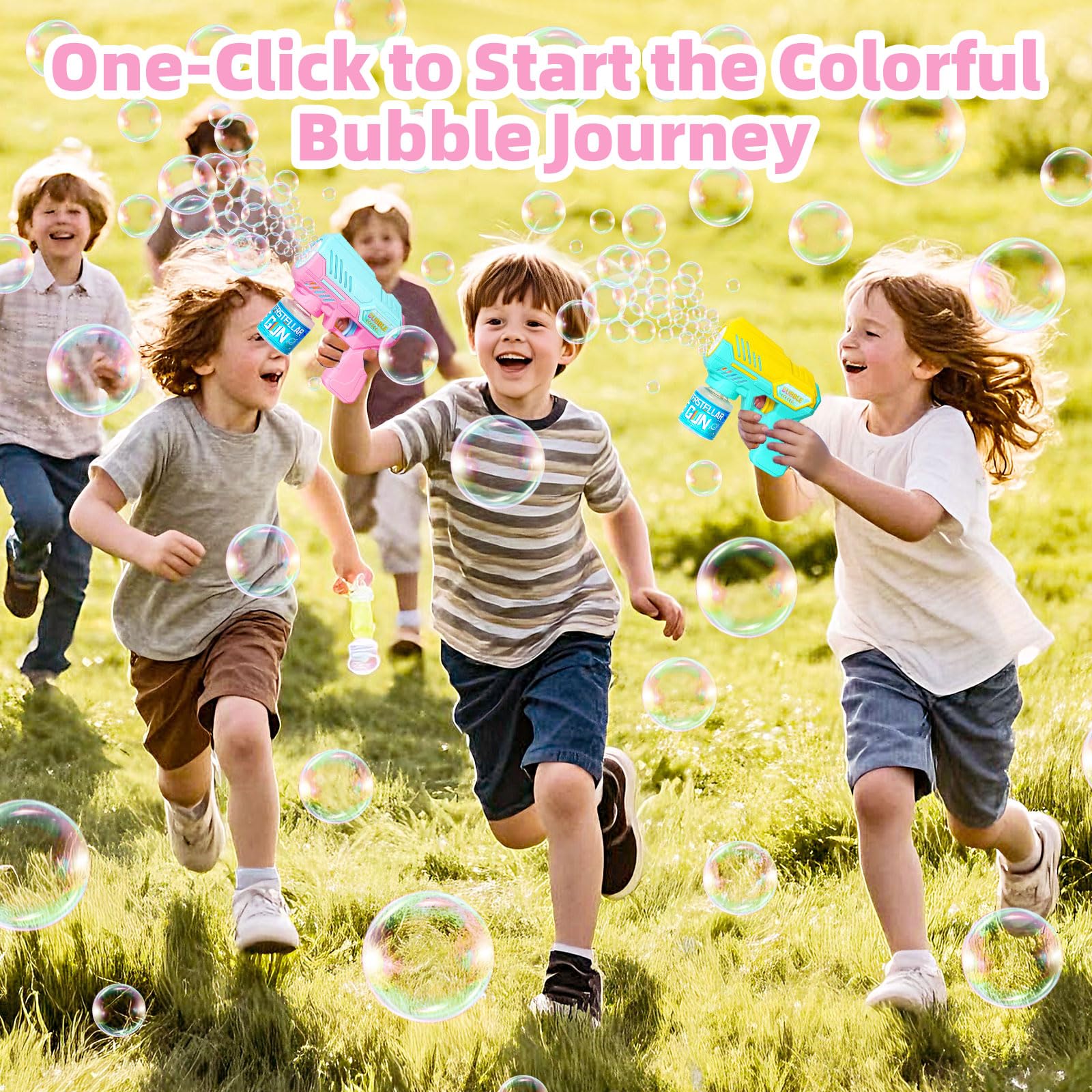 Pistola de Burbujas, Burbujas de Jabon Niños Juego de 2 Piezas - 20 Paquetes de Líquido de Burbujas, Diseño de Colores Combinados, con luz LED, Completamente Automático