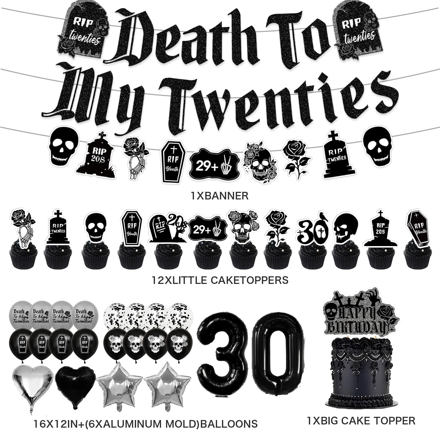 30th Birthday Decorations Pack Death to My Twenties Decorations Include Banner-Backdrop-Balloons-Cake Topper-Cupcake Toppers for Death to My 20s Decorations - Image 2