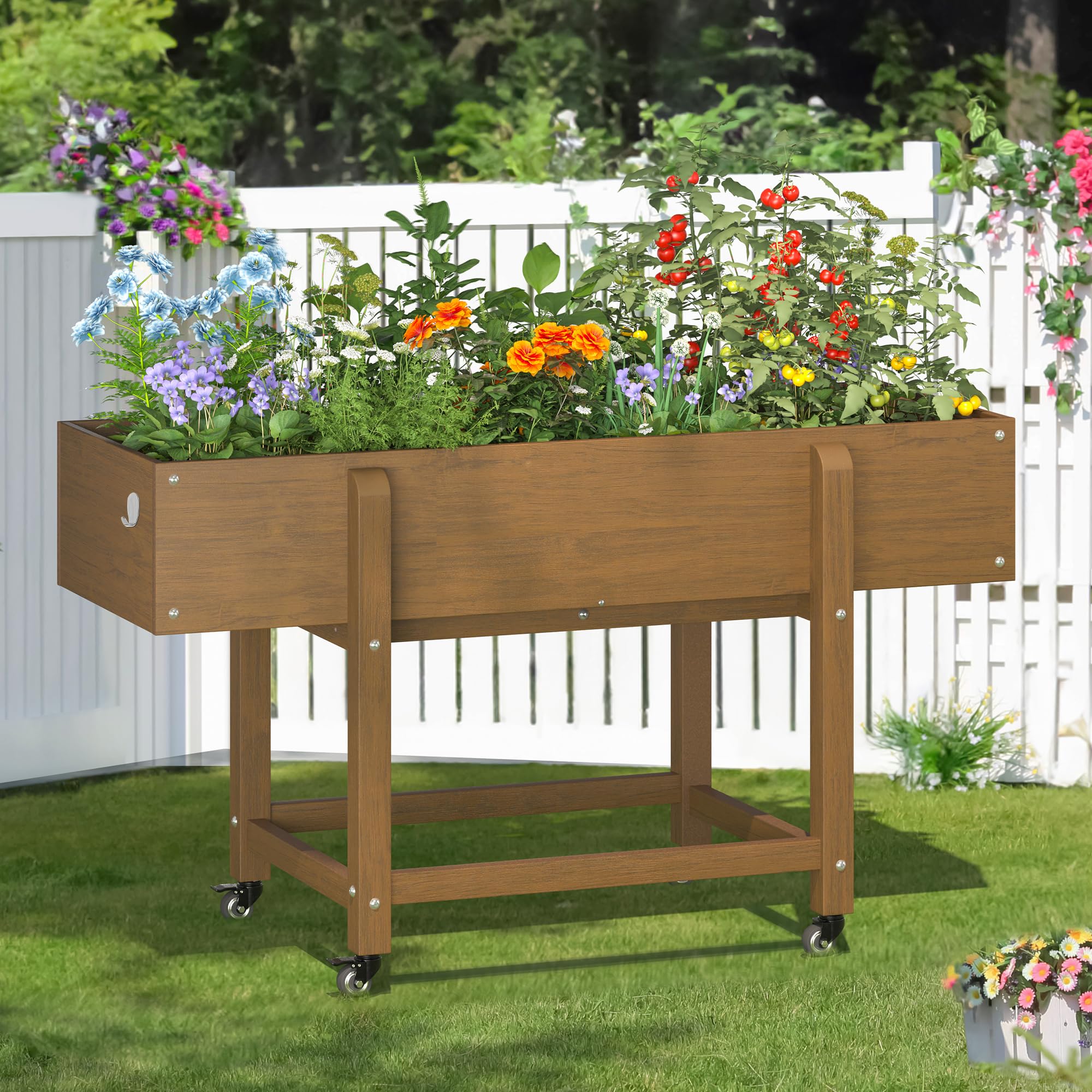 LUE BONA Raised Garden Bed with Wheels, 48 * 16.7 * 28 in, Poly Elevated Outdoor Planter Box with Tools, Weather Resistant, Standing Growing Bed Herb Planter for Vegetable, Flowers, Fruits