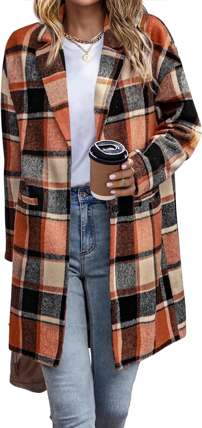 IN'VOLAND Women's Plus Size Flannel Plaid Shacket Coat Lapel Button Wool Blend Winter Tartan Trench Coat Jacket with Pockets