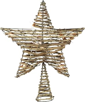 11" Lighted Rattan Twigs Star Christmas Tree Topper- Clear Lights, White Wire