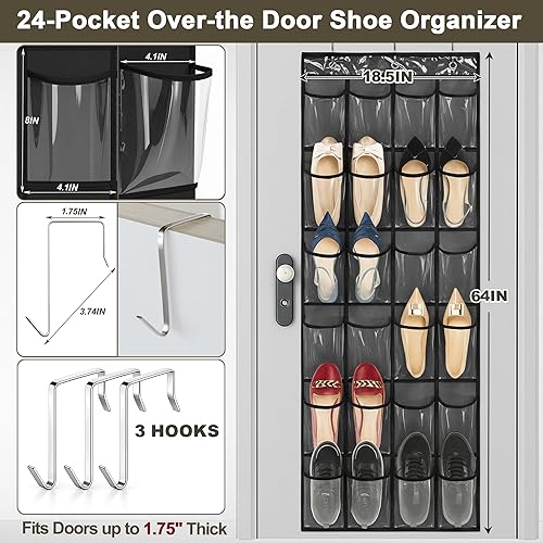 Miniatura 4 de Organizador de zapatos sobre la puerta, zapatero para puerta de armario con 24 bolsillos y gancho, soporte para zapatos en la parte trasera de la