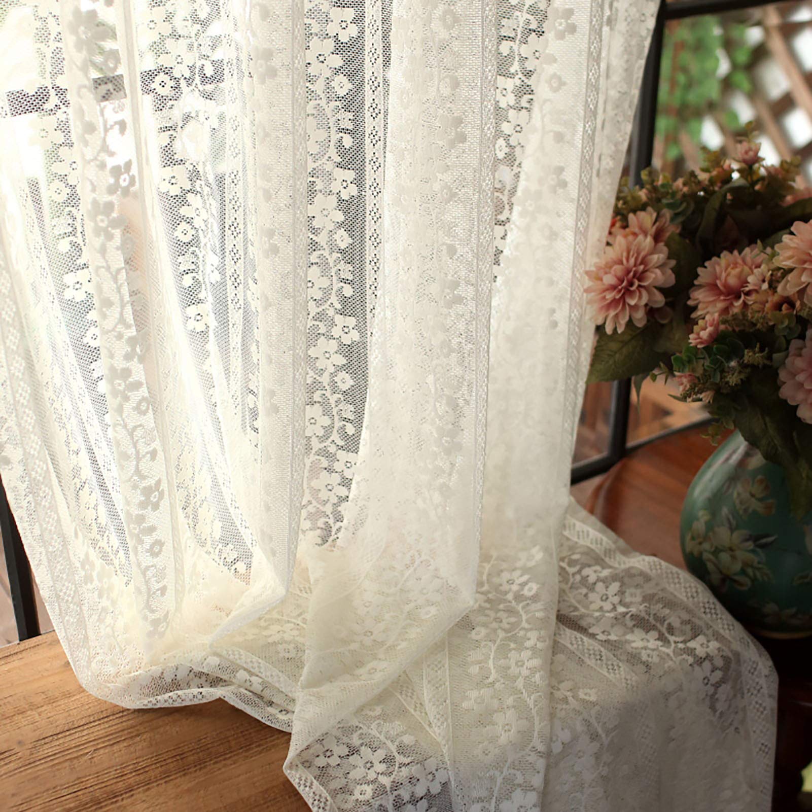 Blanco Punto Encaje Cortina,Vintage Bordado Floral Cortinas Visillos Cortinas Translucidas,Estilo De País Boda Decoración De Ventana ① Panel Para Dormitorio De Las Niñas Salón Balc-Blanco 300x270cm(11