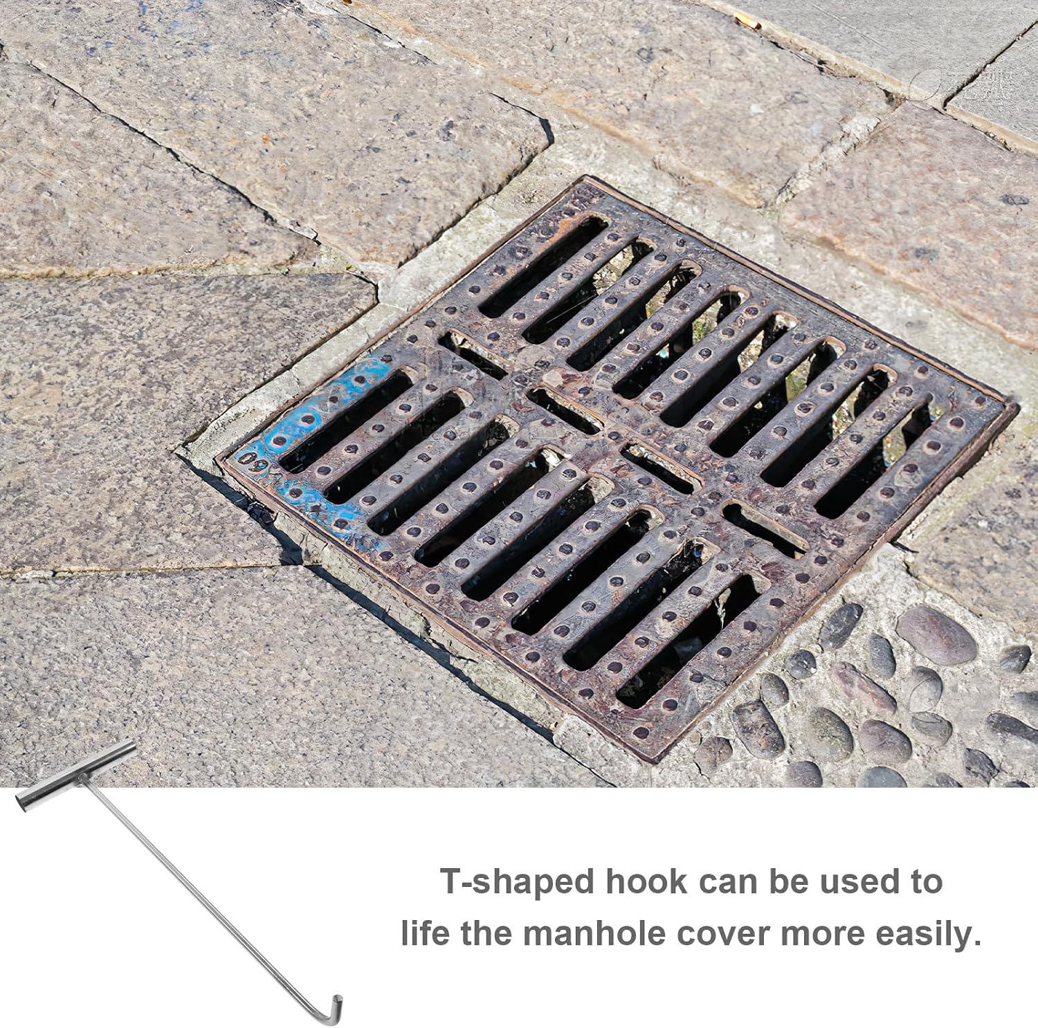 DOITOOL Manhole Cover Hook T Shaped Lifting Tool 15 Inch Pull Hook for Sewer Maintenance Rolling Door Opening Durable Grab