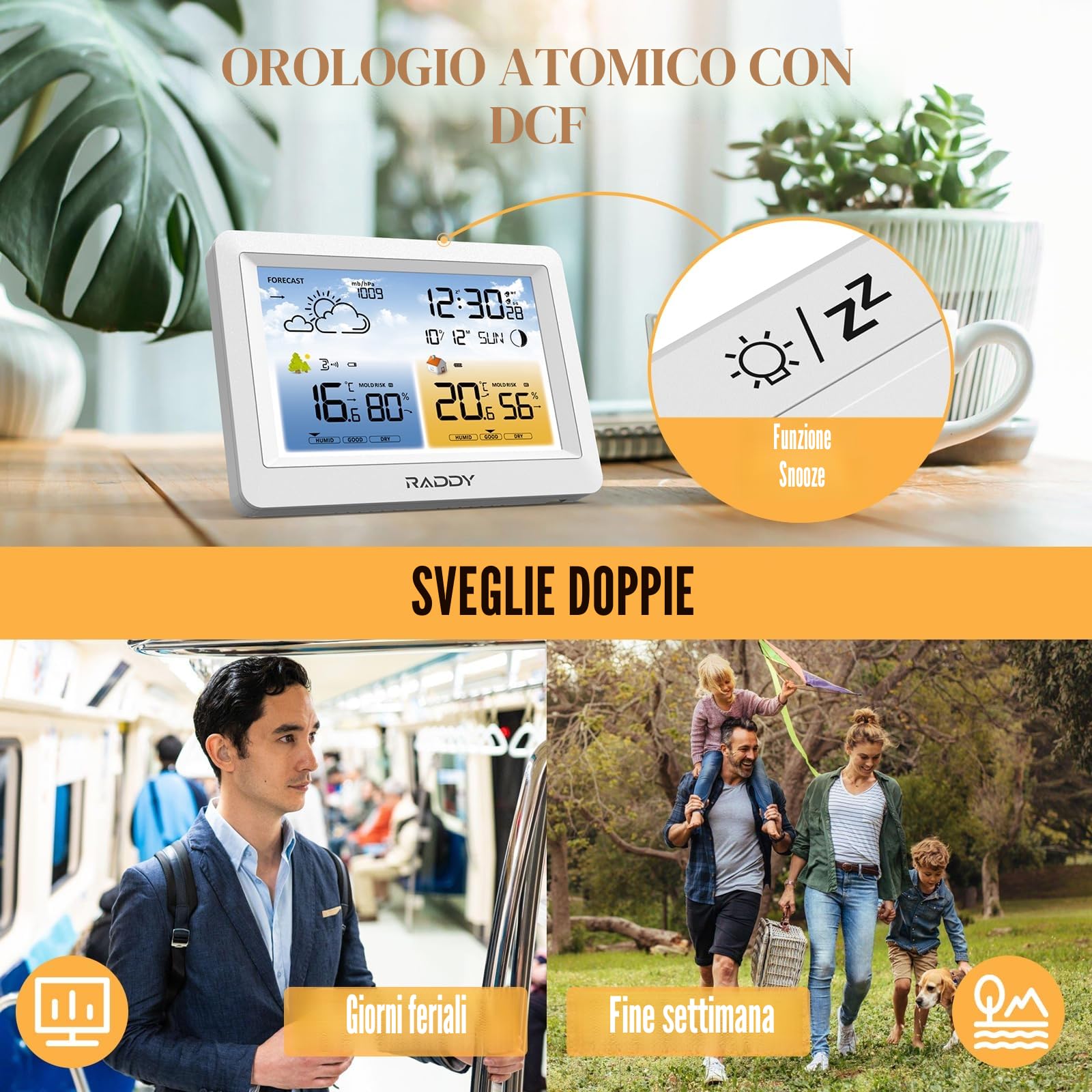 Stazione meteorologica wireless Raddy WM6 con sensore remoto, batteria integrata da 2000 mAh, barometro, orologio DCF, previsioni meteo, avviso rischio muffa, display a colori per interni ed esterni