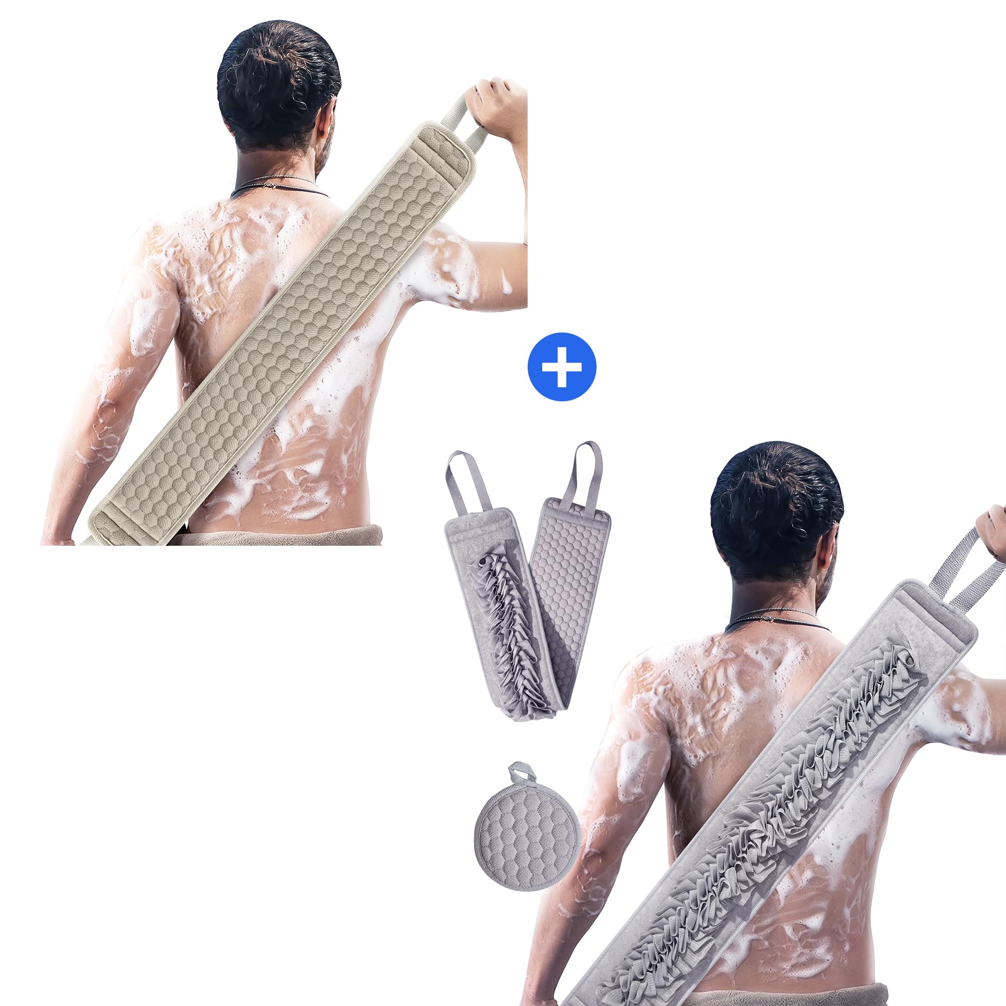 2 Pack 40.5 Inch Loofah Back Scrubber for Shower Set with Sponge Pad for Women and Men, Gray & Beige