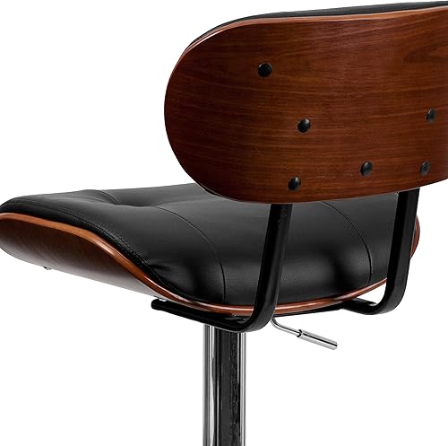 Miniatura 7 de Flash Furniture taburete de bar de madera de haya con altura ajustable y asiento y respaldo de vinilo negro curvado Vinilo Madera Walnut