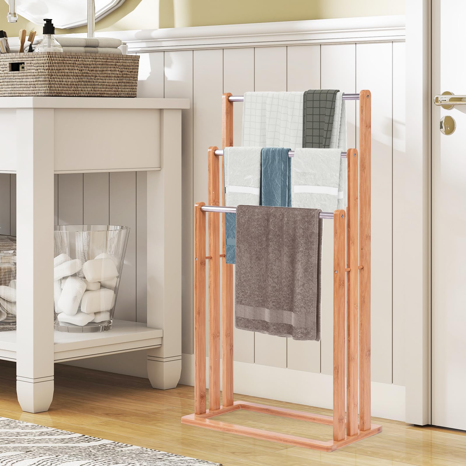 COSTWAY Portasciugamani in Bambù da Terra | Mobile Bagno con 3 Aste per Asciugamano in Acciaio Inox, 46x24x84cm