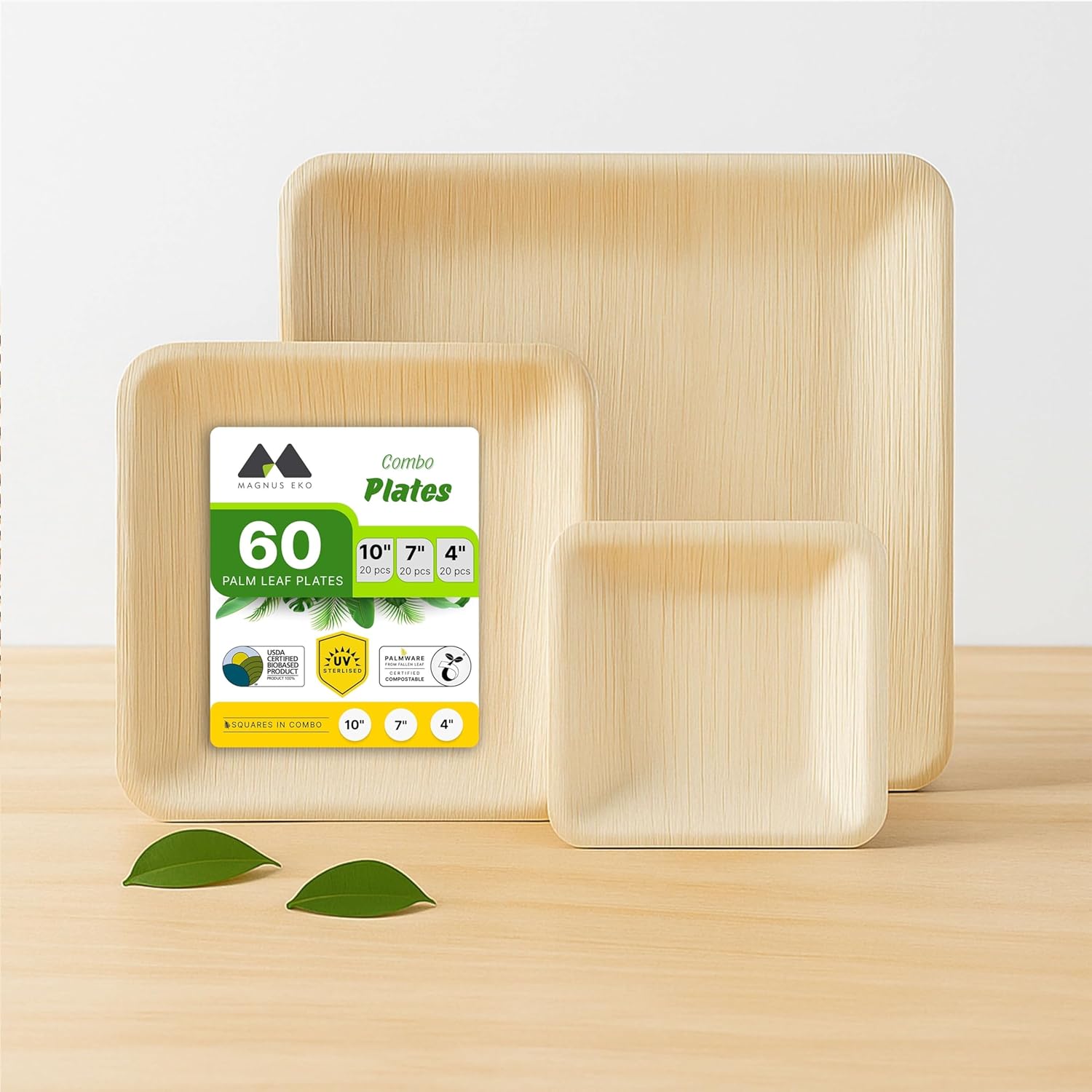 | 10 Inch + 7 Inch + 4 Inch Square Combo Plates 60 Pcs | Disposable plates for Party | Eco Friendly, Compostable and Biodegradable serving bowls for Catering, Weddings and Party