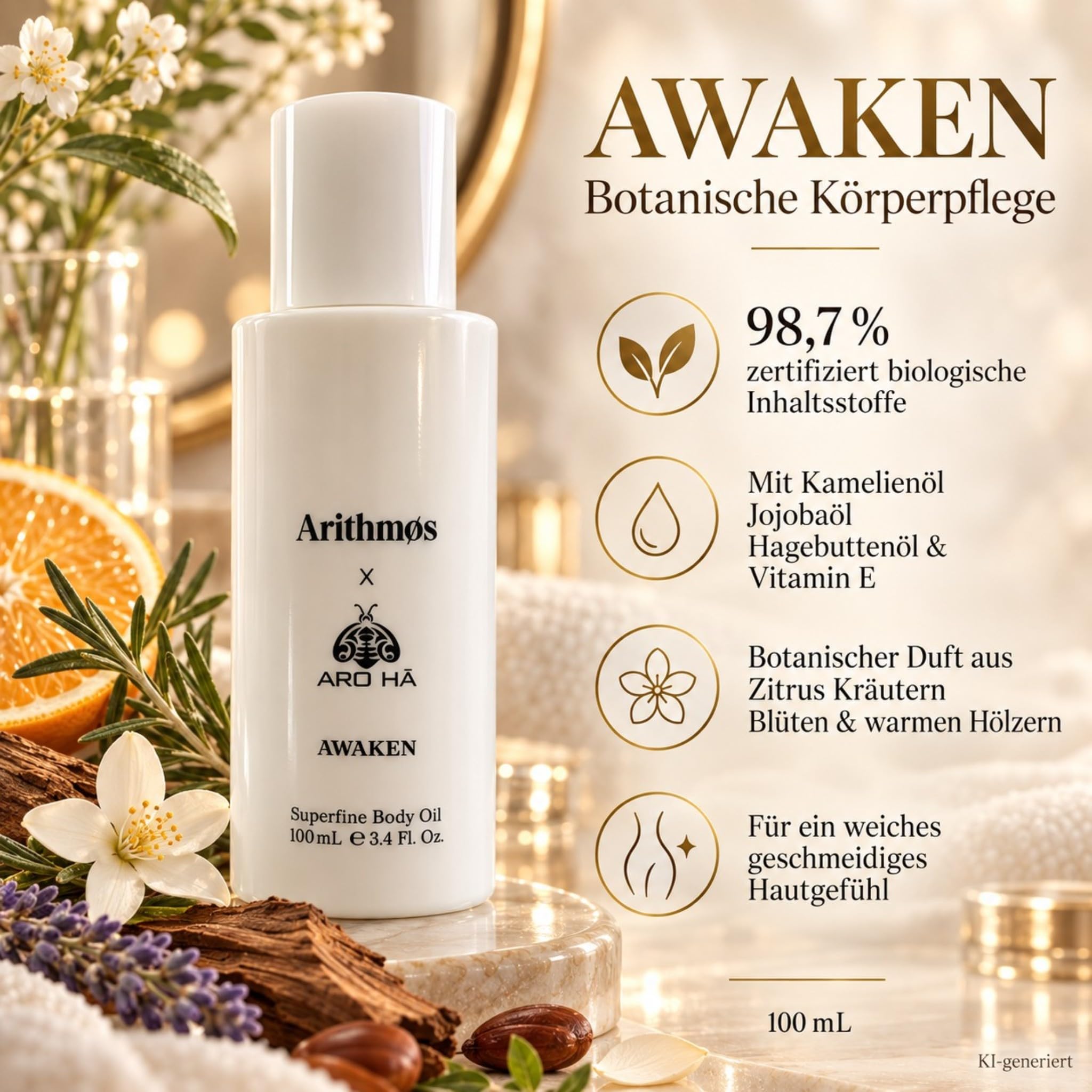 Arithmos AWAKEN Superfine Body Oil 100 ml | Aro Ha x Arithmos Körperöl | 98,7% zertifiziert biologische Inhaltsstoffe | mit Jojobaöl Kamelienöl Hagebuttenöl & Vitamin E