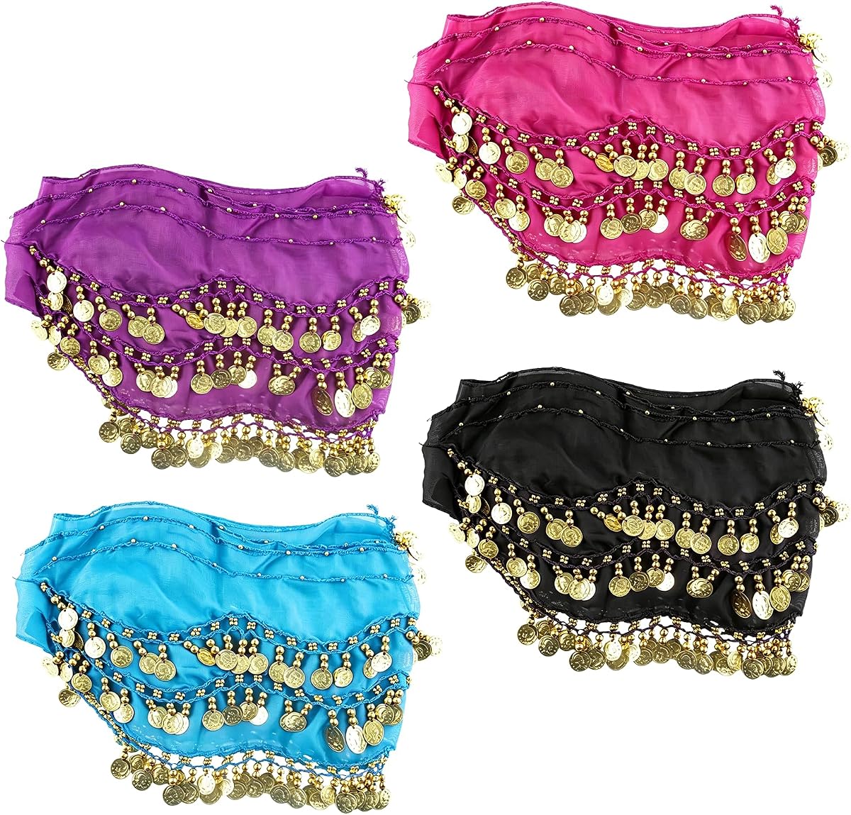 4 Pcs Belly Dance Hip Scarf, Belly Dancing Skirt with 128 Gold Coins, Belly Dancer Belt Scarf Skirt for Women 4 Colors