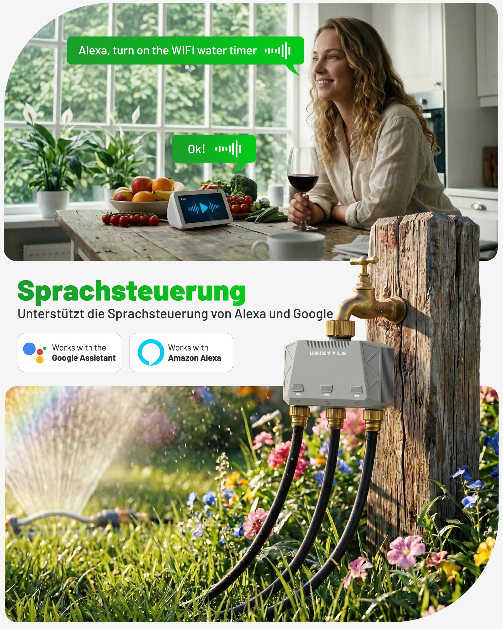Unistyle Bewässerungscomputer WLAN 3 Ausgänge | Neuauflage 2026 – App-Steuerung, 5 Bewässerungspläne, Präzise Steuerung, Alexa-Sprachsteuerung, Automatische Bewässerung für Garten & Pflanzen