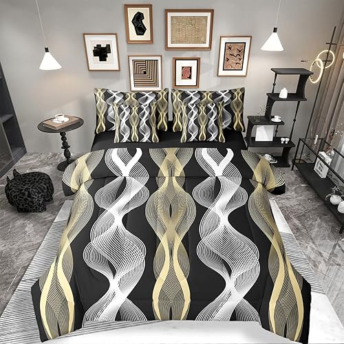 Silver and Gold Comforter Sets Wave Stripe Bedding Set 7 Pieces Striped Line Bed