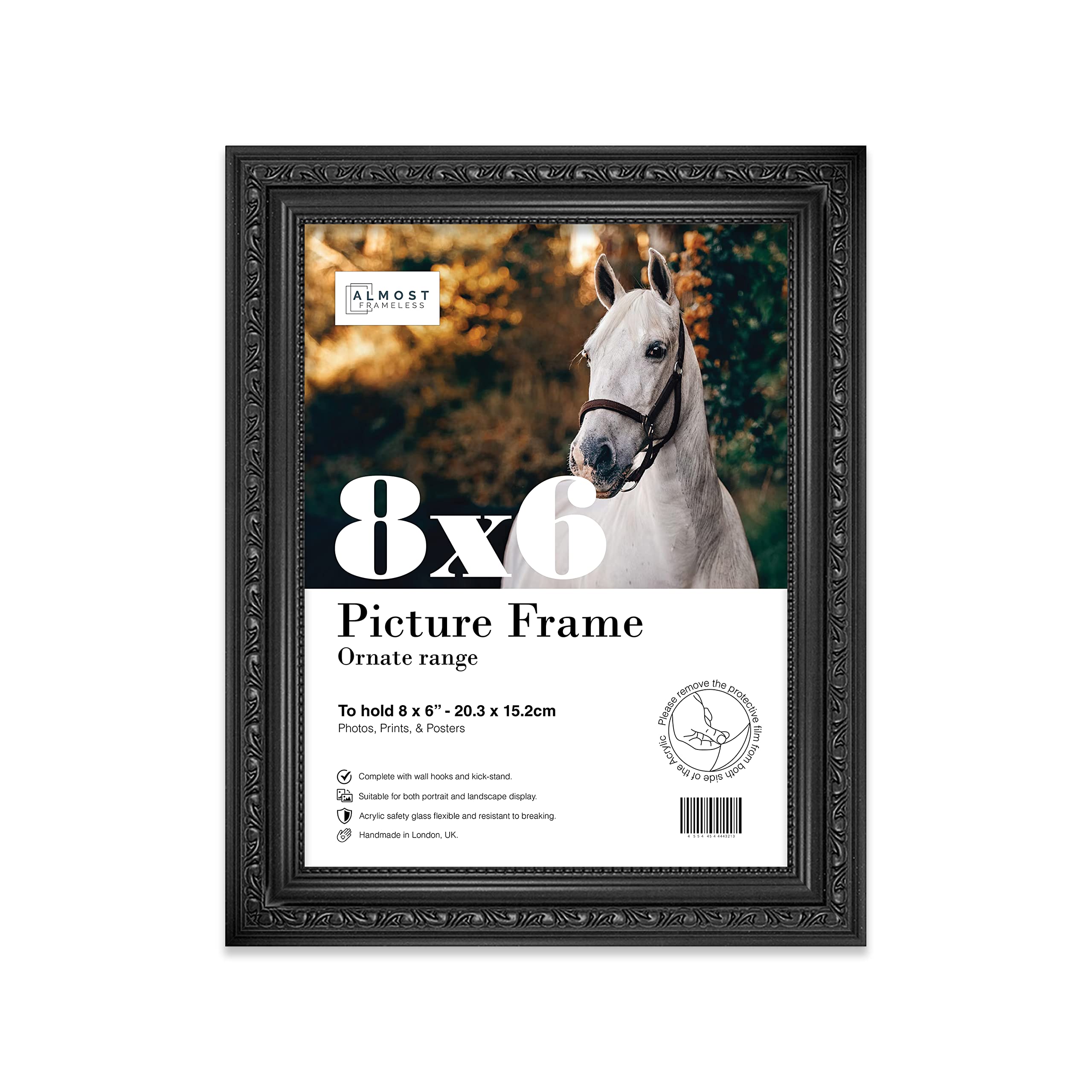 Almost Frameless 8x6 Black Ornate Picture Frame 8"x6"(20.3x15.2cm) Poster, Photo, Artwork, or Print. Opulent Style Portrait and Landscape Display with Wall Hooks