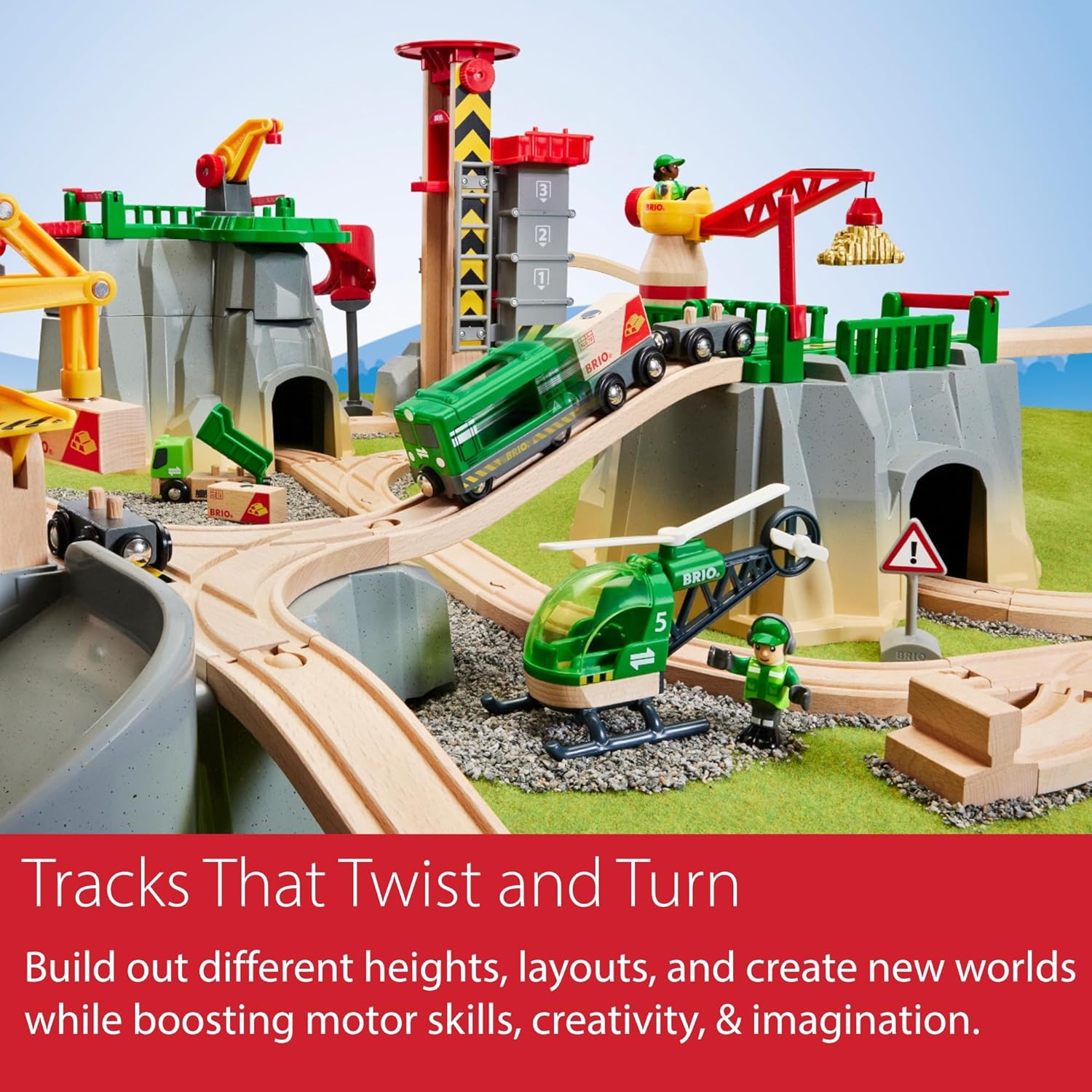 BRIO World Cargo Mountain Set - 49-Piece FSC-Certified Wood Train Set & Accessories - Compatible with All BRIO Railway Sets - Includes Crane, Helicopter, Caves & More - Fun Play for Kids Ages 3 & Up