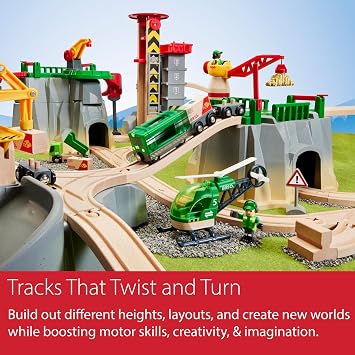 BRIO World Cargo Mountain Set - 49-Piece FSC-Certified Wood Train Set & Accessories - Compatible with All BRIO Railway Sets - Includes Crane, Helicopter, Caves & More - Fun Play for Kids Ages 3 & Up