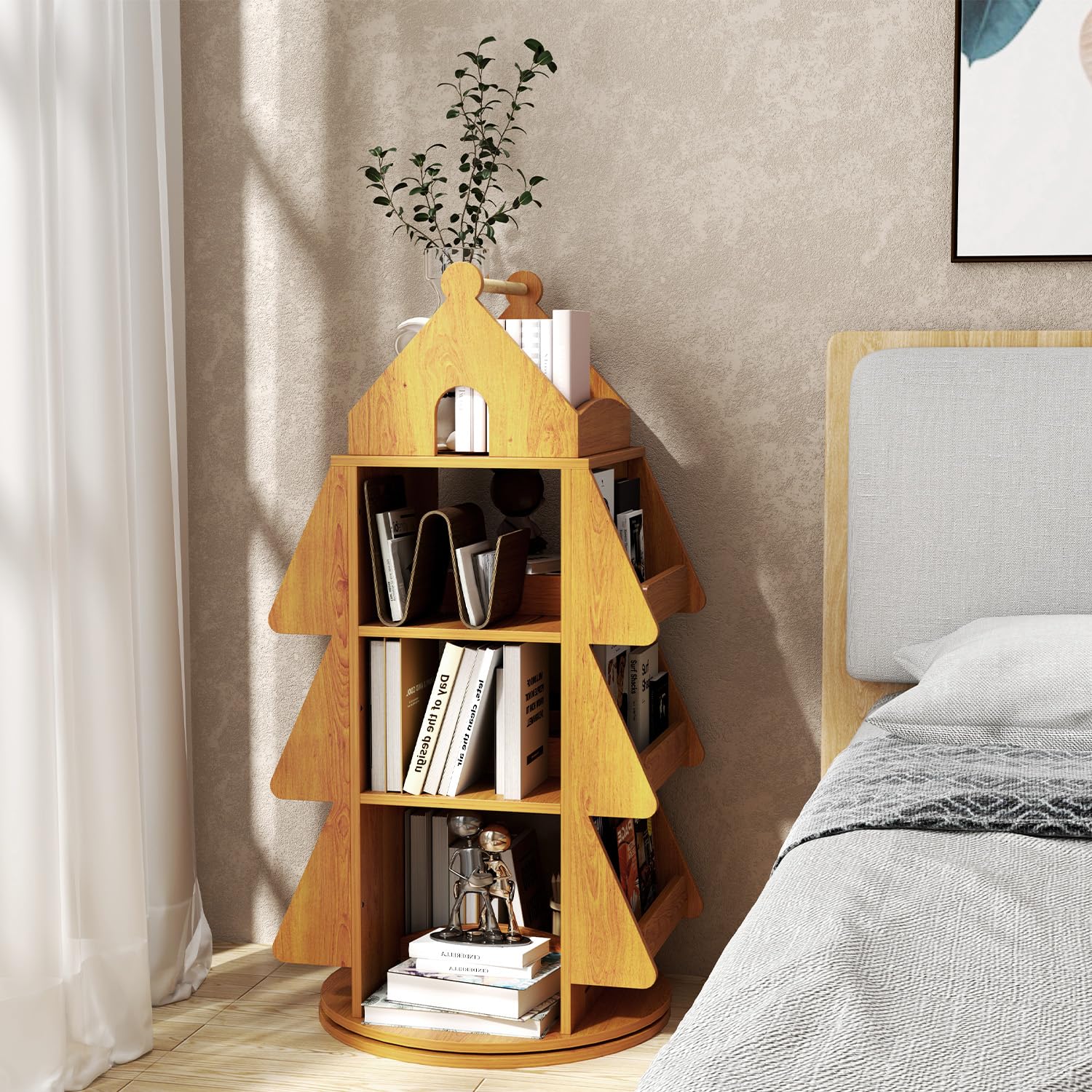 360 ° drehbares Bücherregal, Weihnachtsbaum-Display, Bücherregal, kreativ, bodenstehend, Bücherregal, Holz, Buchaufbewahrung, Organizer für Zuhause, Wohnzimmer, Schlafzimmer, Höhle