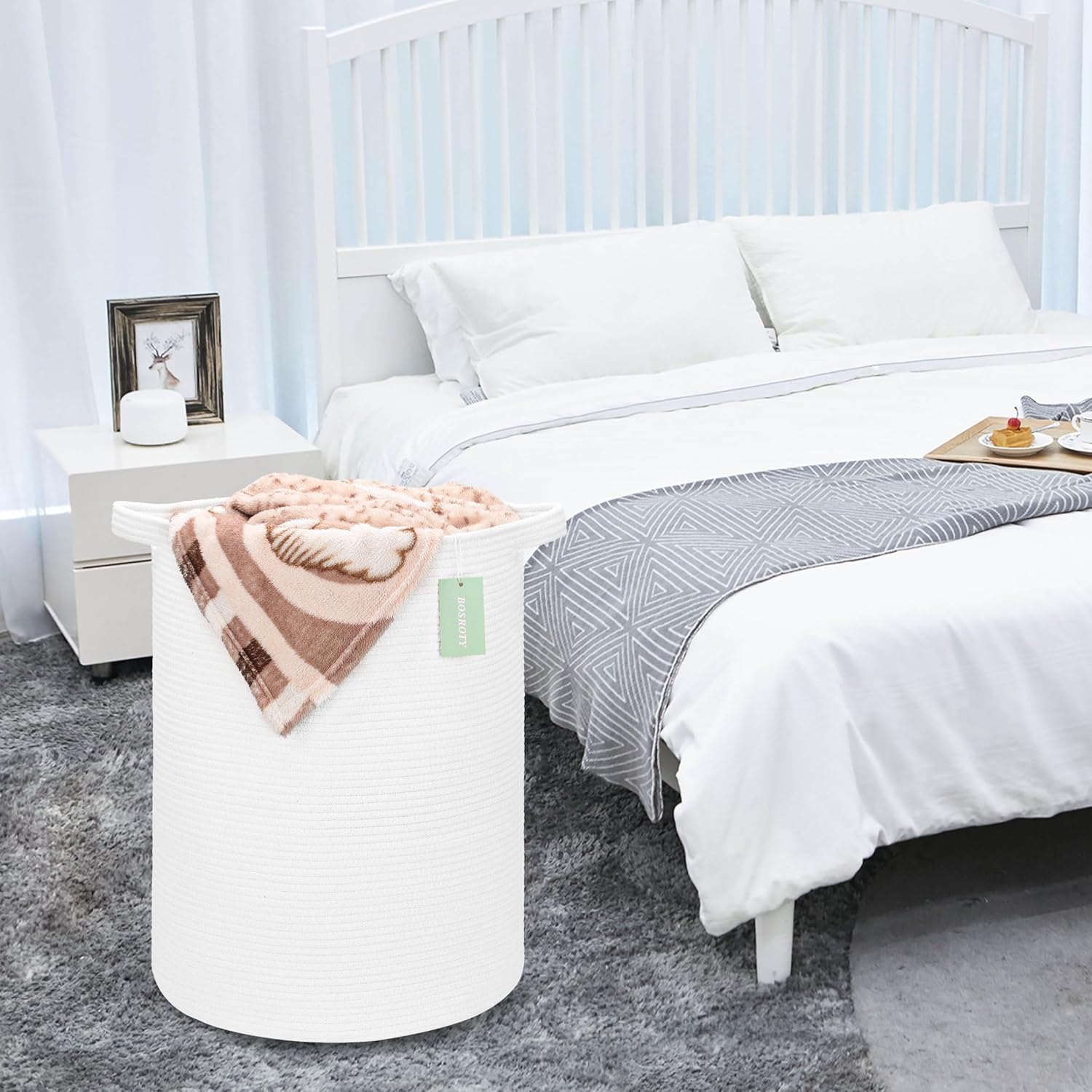 Extra Large Blanket Basket 87L and Tall Laundry Hamper Basket for Clothes 72L, Nursery Hamper, Blanket Basket, Clothes Basket Laundry, Woven Storage Basket, Toy Basket, White