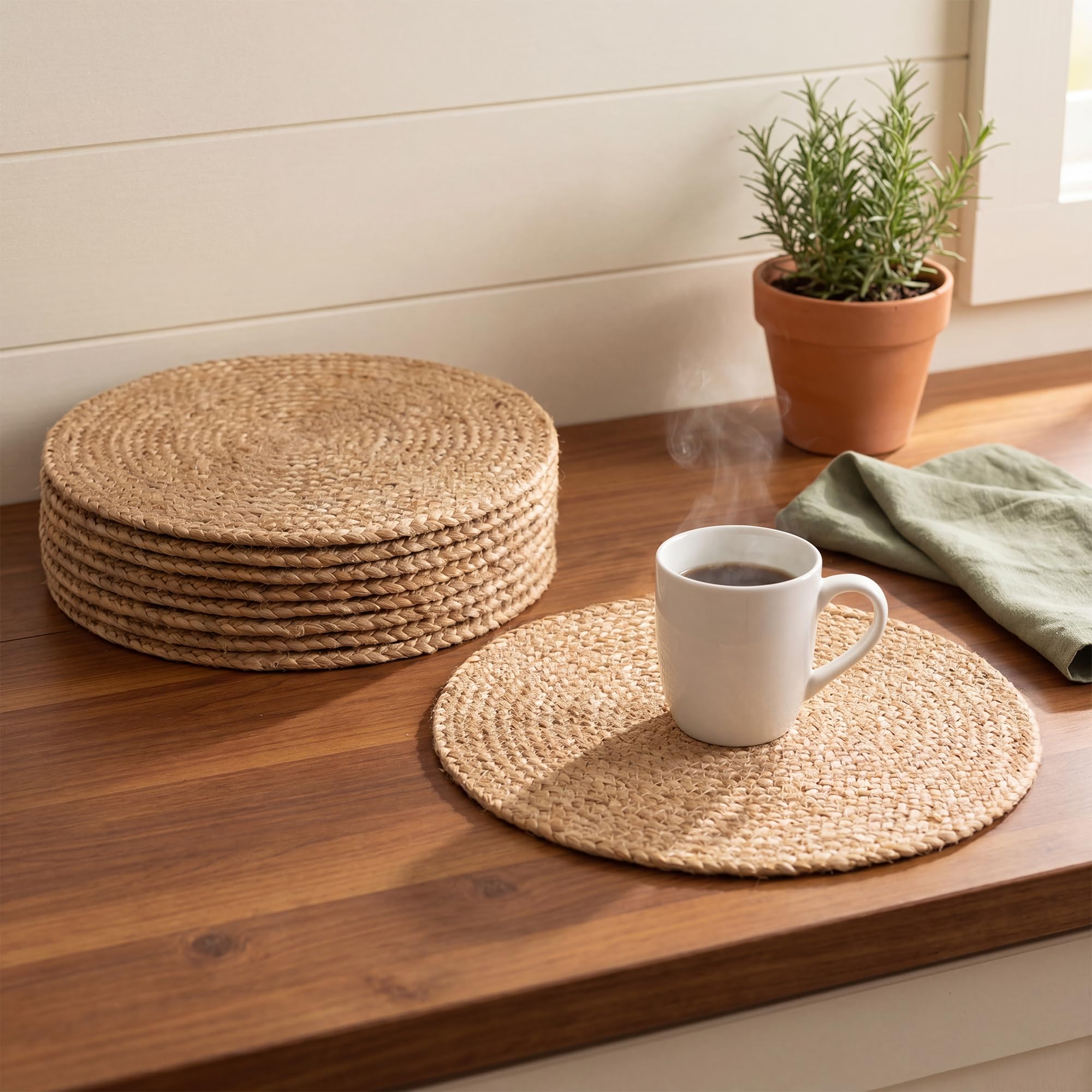 Eco Crave Salvamanteles Individuales de Yute, 100% Yute Natural, Antideslizantes, Redondos de 13 x 13 Pulgadas, para Mesa de Comedor, Paquete de 6