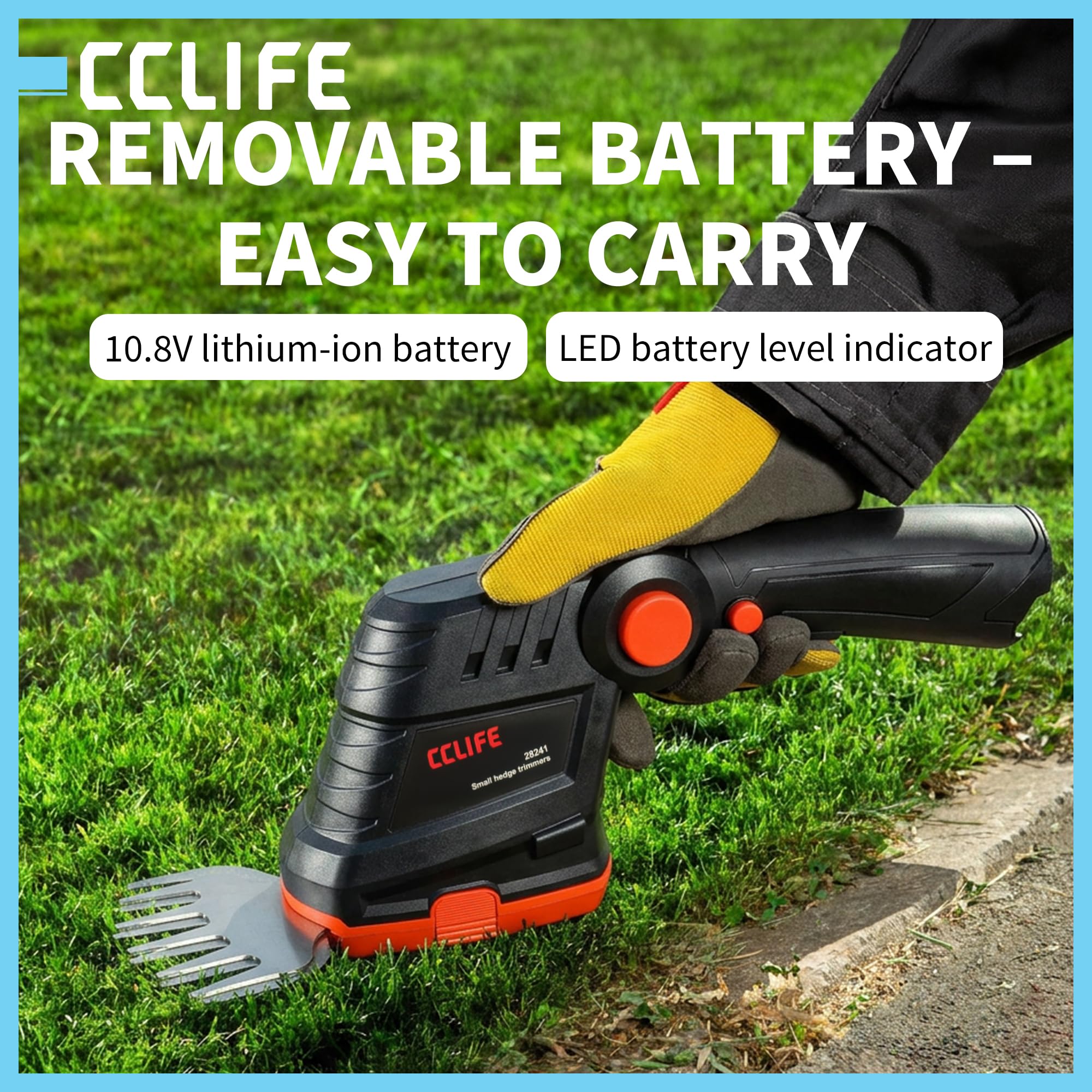 CCLIFE Tagliasiepi 2 in 1, batteria 10,8 V, 120/200 mm, giardino | Cesoie da potatura senza fili con 2 lame per erba e siepi, compatte, precise e ideali per piccoli giardini.