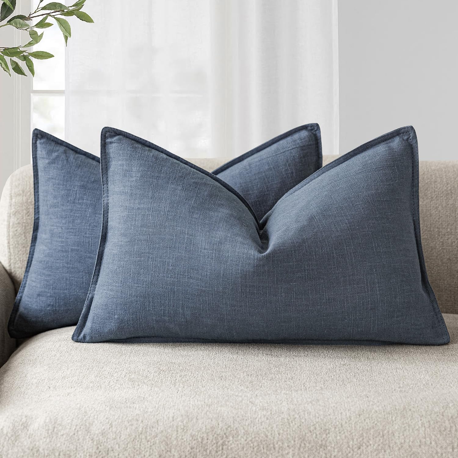 Foindtower Pack of 2, Decorative Linen Soild Throw Pillow Covers Accent Lumbar Cushion Case Boho Farmhouse Pillowcase for Chair Couch Sofa Bedroom Living Room Home Decor 12x20 Inch Dark Blue — image 1