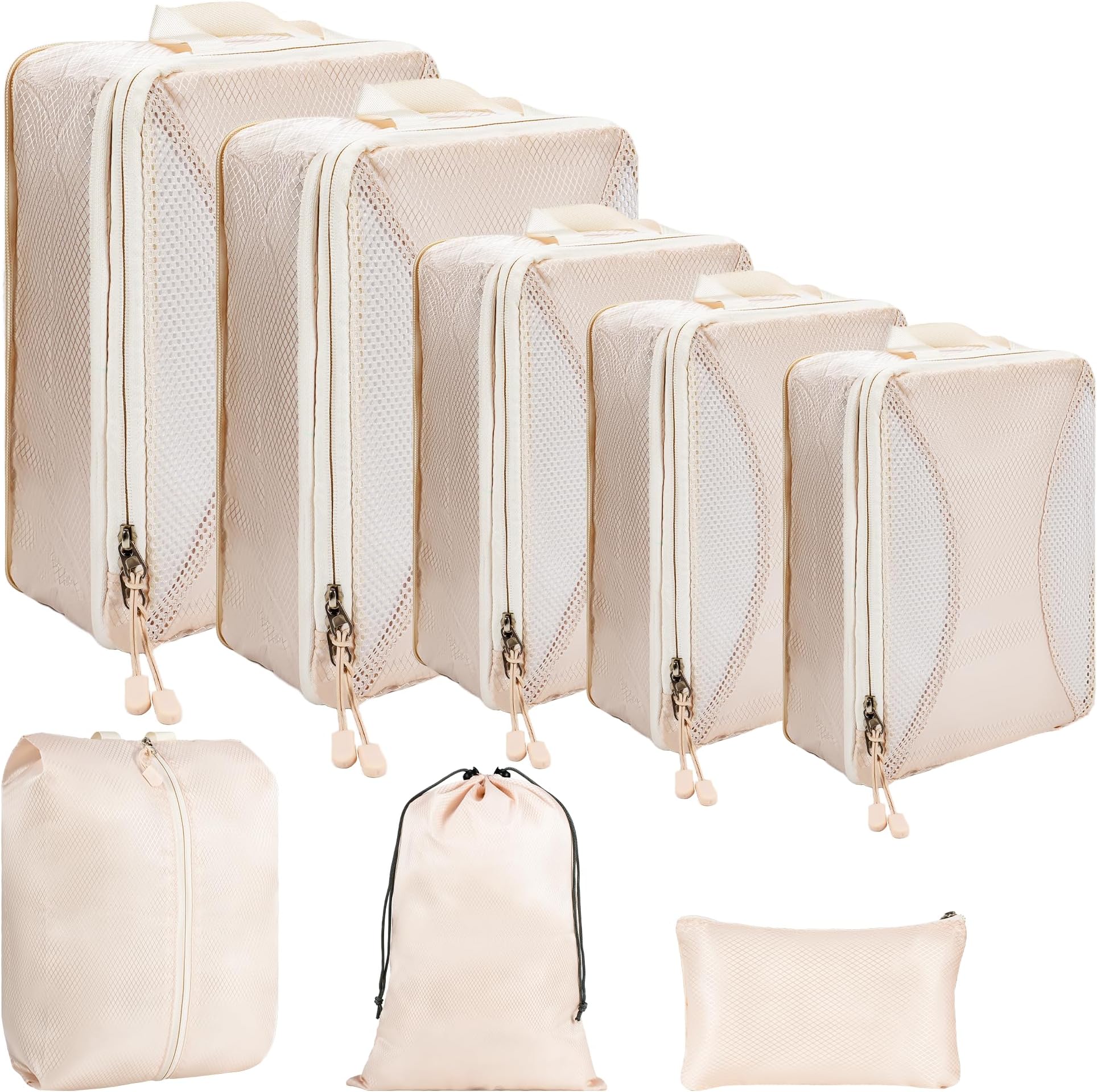 KiwiPower Suitcase Organiser Set with Compression - 8-Piece Packing Cube Travel Set in Beige & Black - Waterproof Clothes Bags for Suitcases & Backpack, Double Zip & Breathable (Beige)