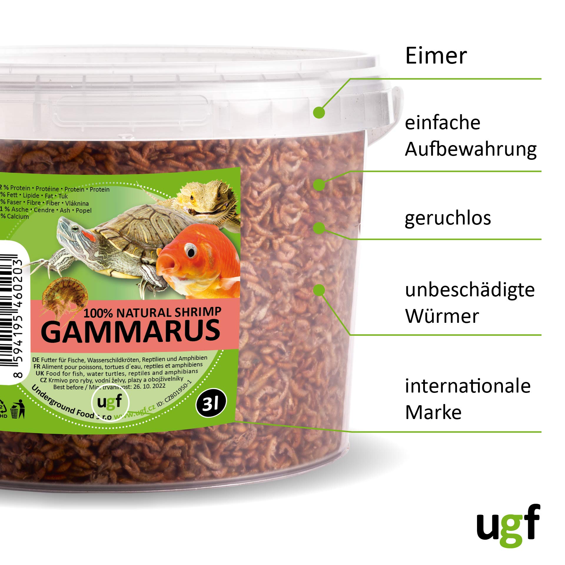 UGF - Camarones Gammarus Premium Deshidratados de Agua Dulce - 318 g en un Cubo de 3 litros, Alimento para Tortugas, Peces de Acuario, Ajolotes, Hámsteres, Erizos, Carpas Koi y Ratas — view 7