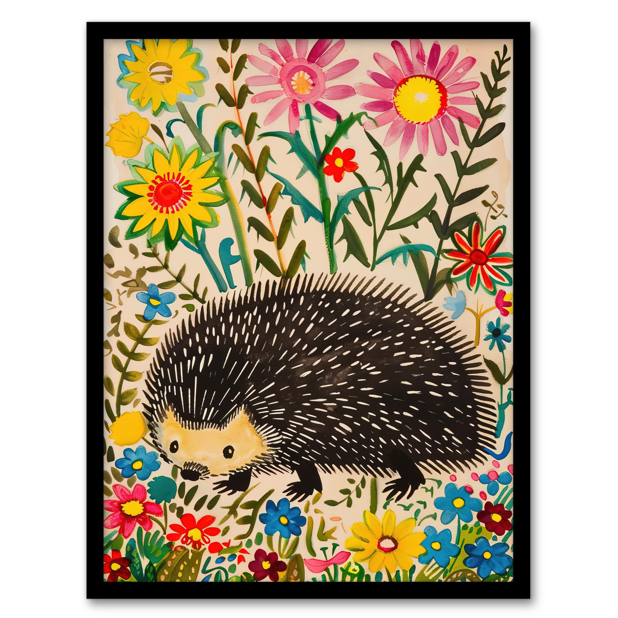 Artery8 Hedgehog In Wildflower Garden Folk Art Painting Wall Art PrintA4 Size from B&Q